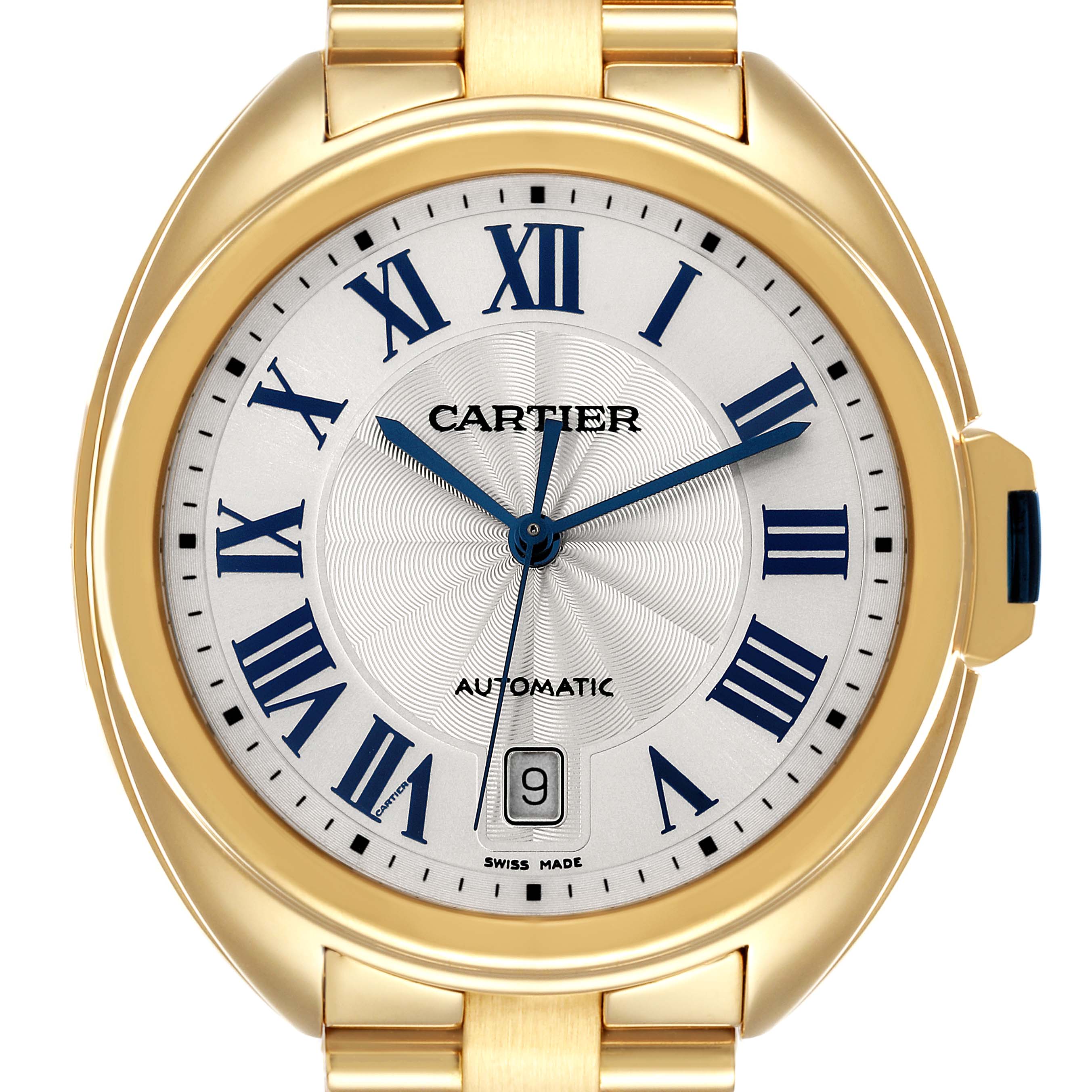 This image shows a frontal view of a Cle model Cartier watch with a gold casing, Roman numerals, and a date display.