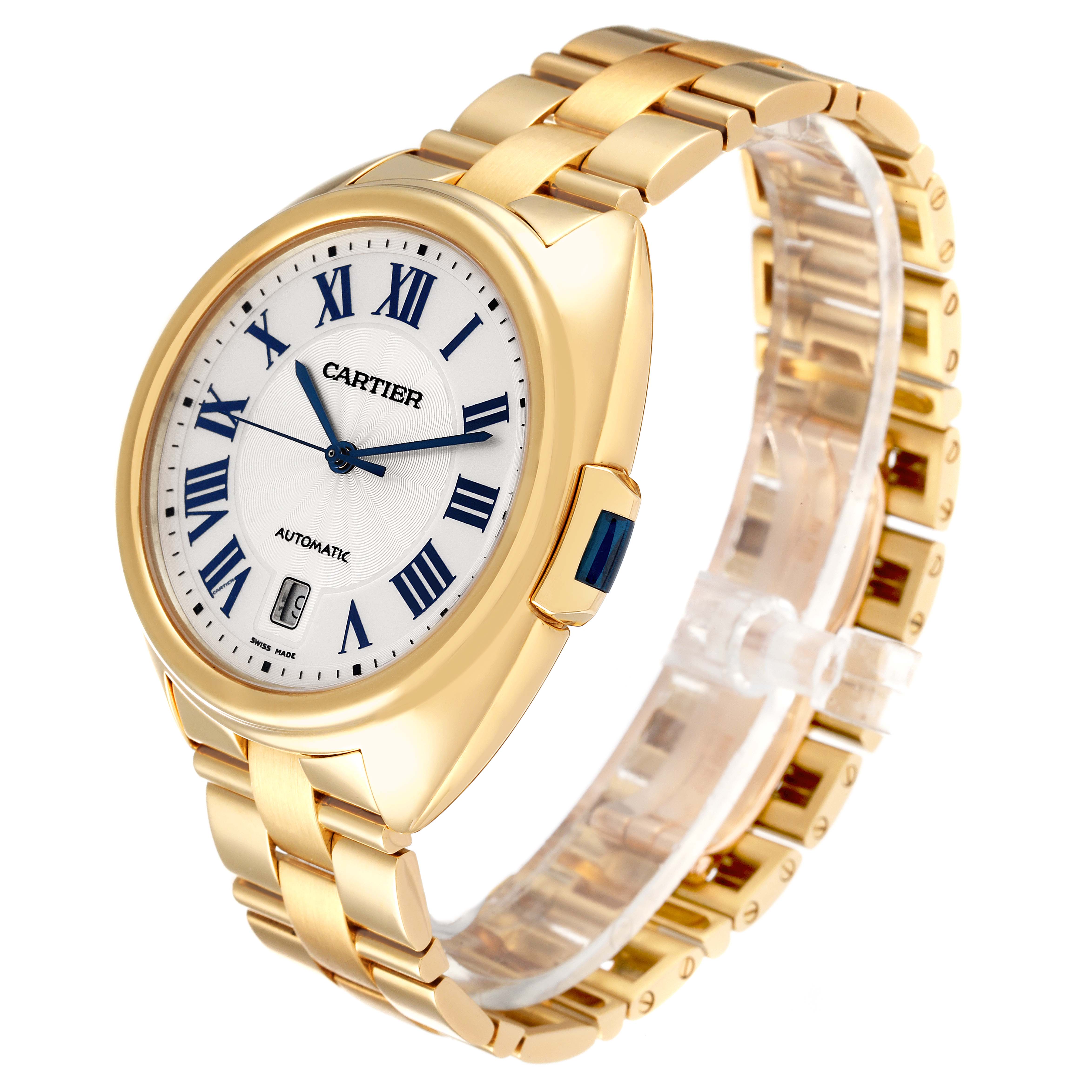 The image shows a Cle de Cartier watch at a three-quarter angle highlighting its face and gold bracelet.