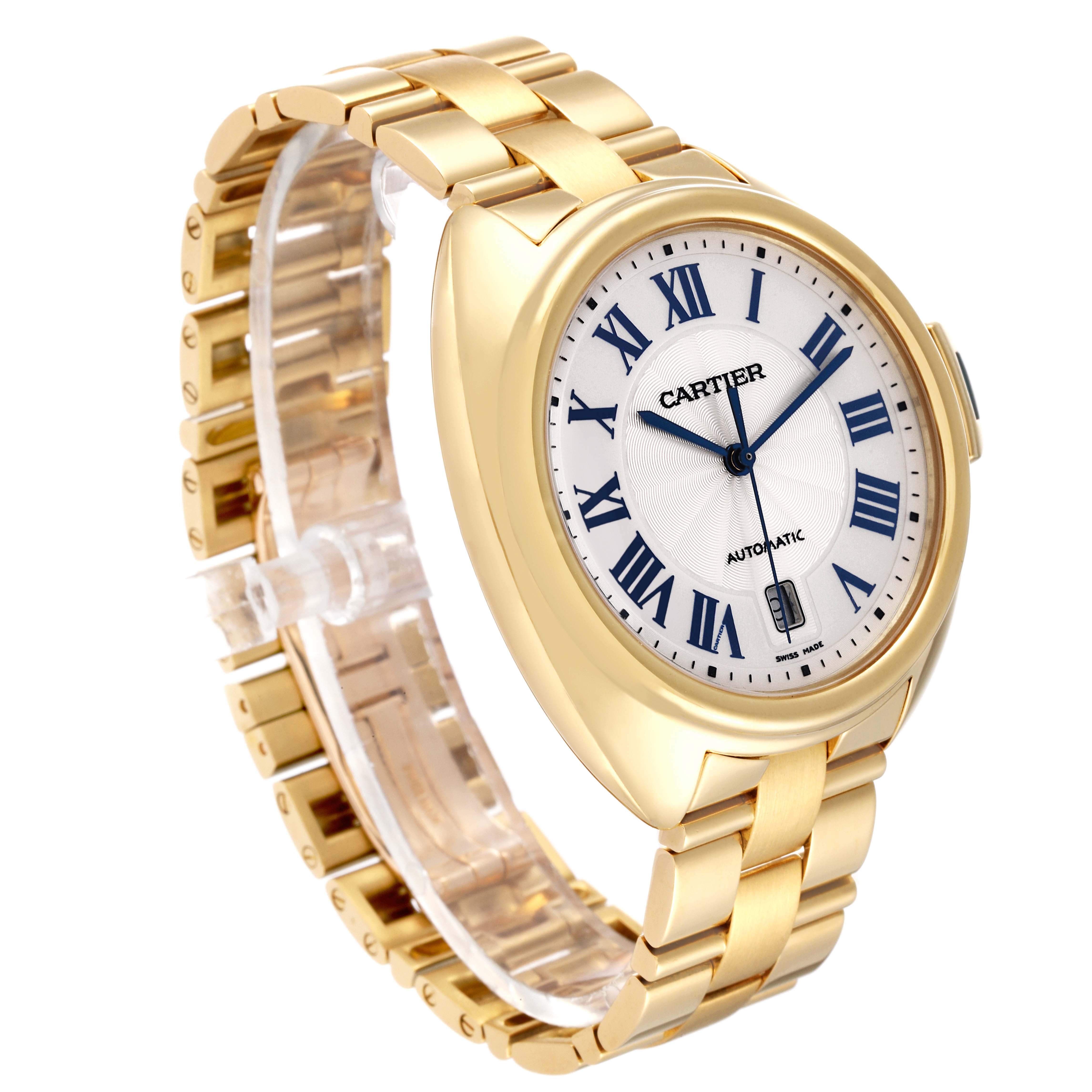 The image shows a gold Cartier Cle WGCL0003 Men's Yellow Gold Blue Dial WGCL0003 Men's Yellow Gold Blue Dial watch at a three-quarter angle, highlighting the dial, case, and bracelet.