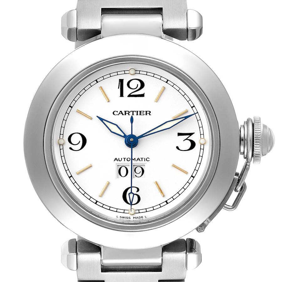 Cartier Pasha C Midsize Big Date White Dial Steel Ladies Watch W31055M7 SwissWatchExpo