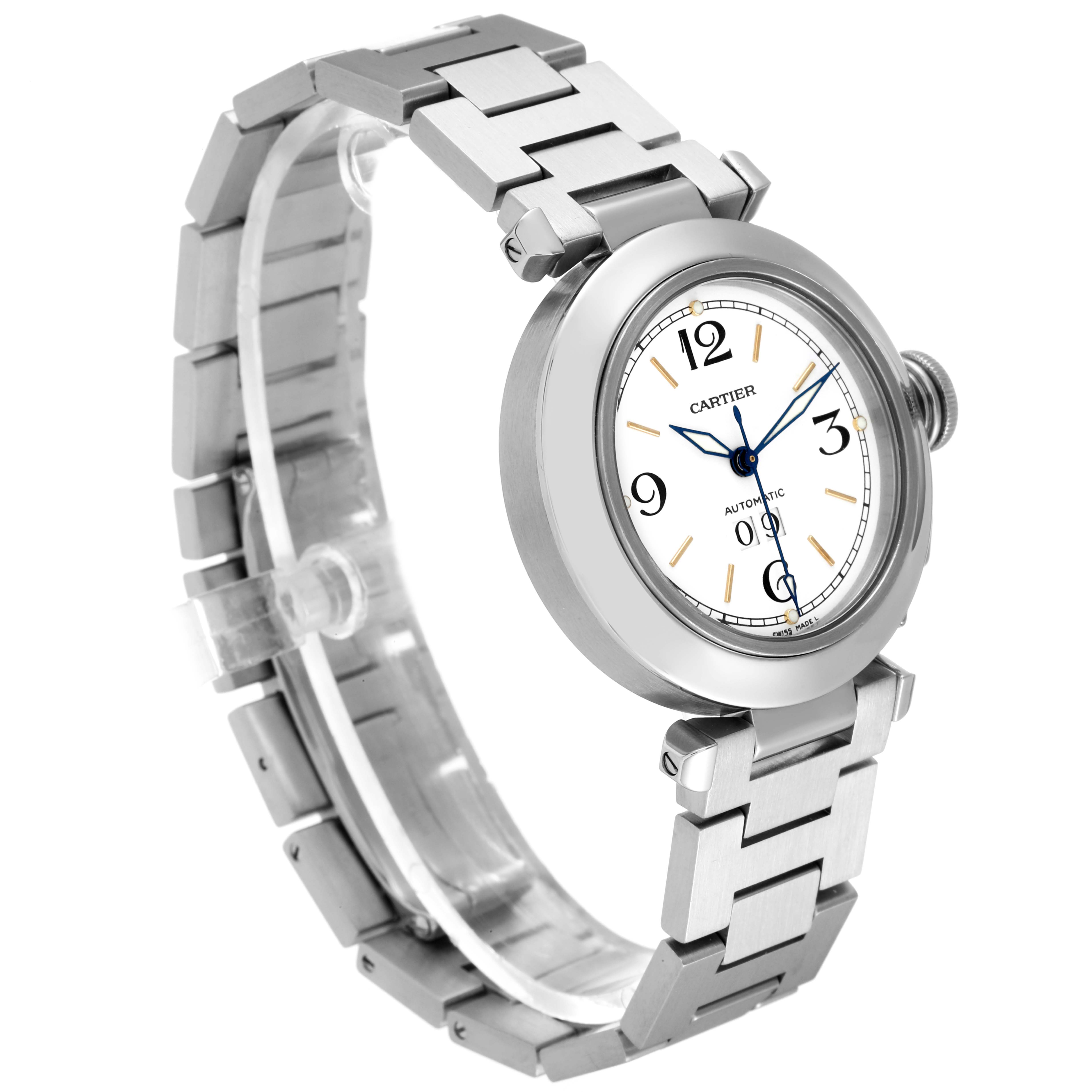 The image shows a Cartier Pasha W31055M7 Women's Stainless Steel White Dial W31055M7 Women's Stainless Steel White Dial model watch from an angled side view, displaying the face, crown, and metal link bracelet.