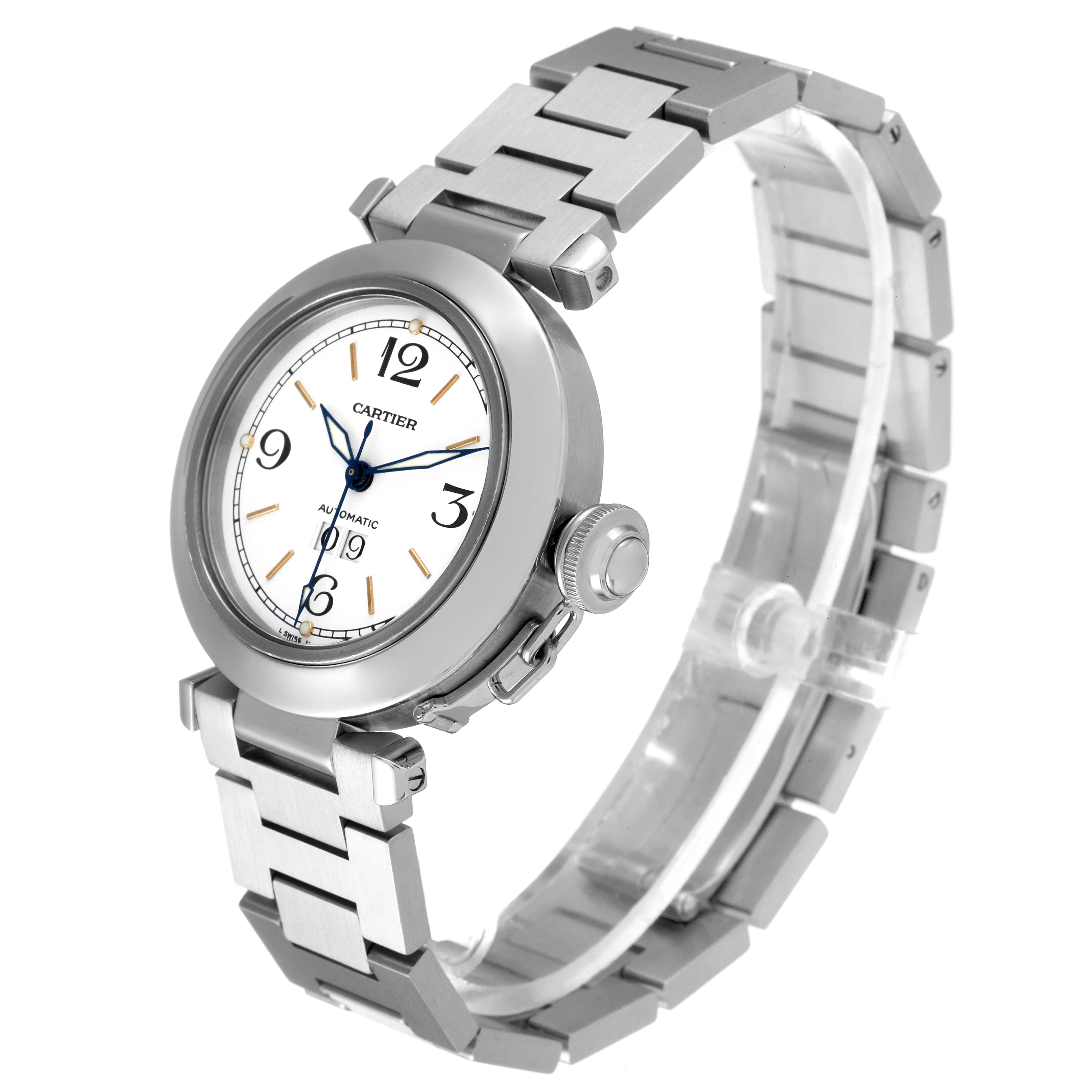 The image shows a Cartier Pasha W31055M7 Women's Stainless Steel White Dial W31055M7 Women's Stainless Steel White Dial watch at a tilted angle, highlighting the face, bezel, bracelet, and crown.