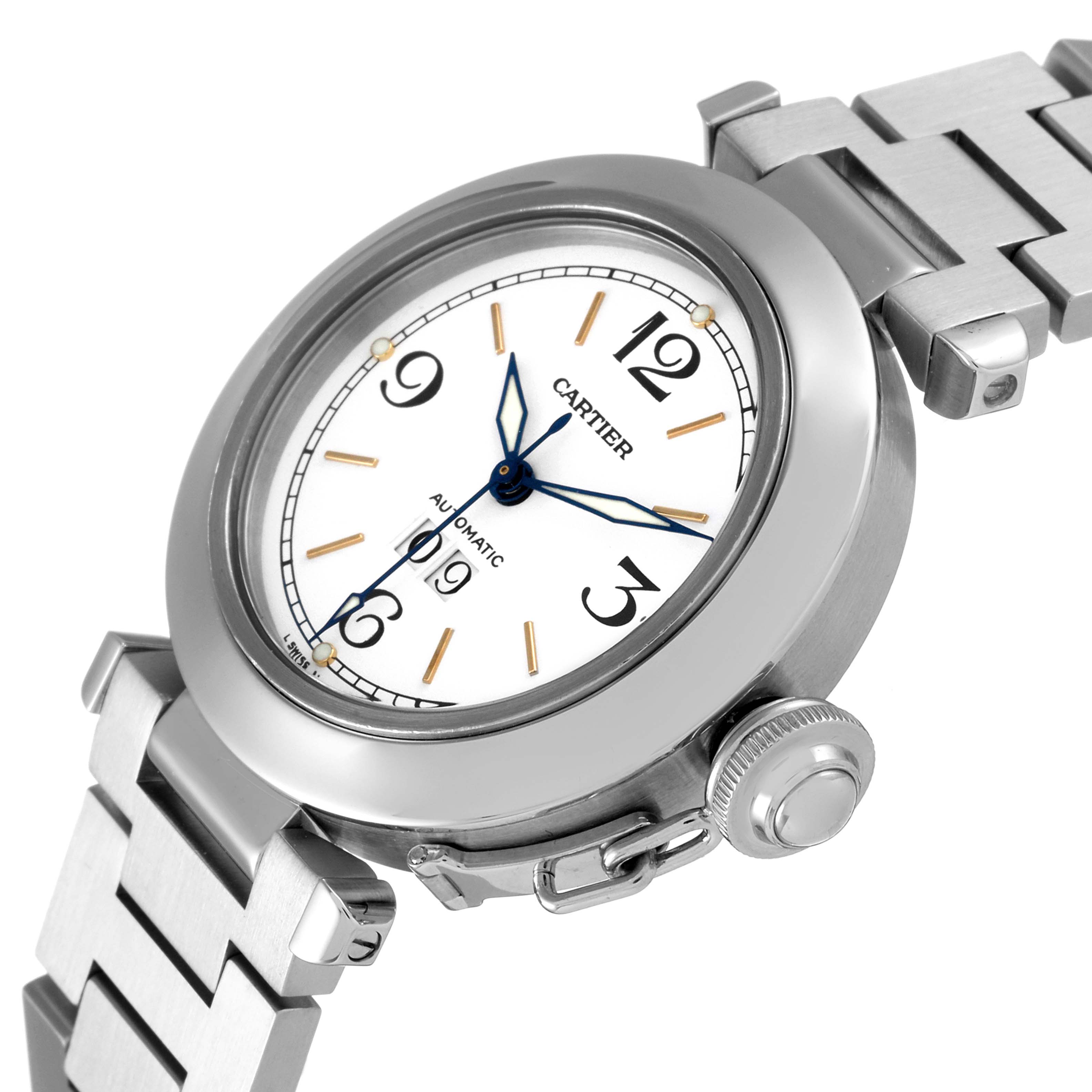 The image shows the face and bracelet of a Cartier Pasha W31055M7 Women's Stainless Steel White Dial W31055M7 Women's Stainless Steel White Dial watch at a slight side angle.