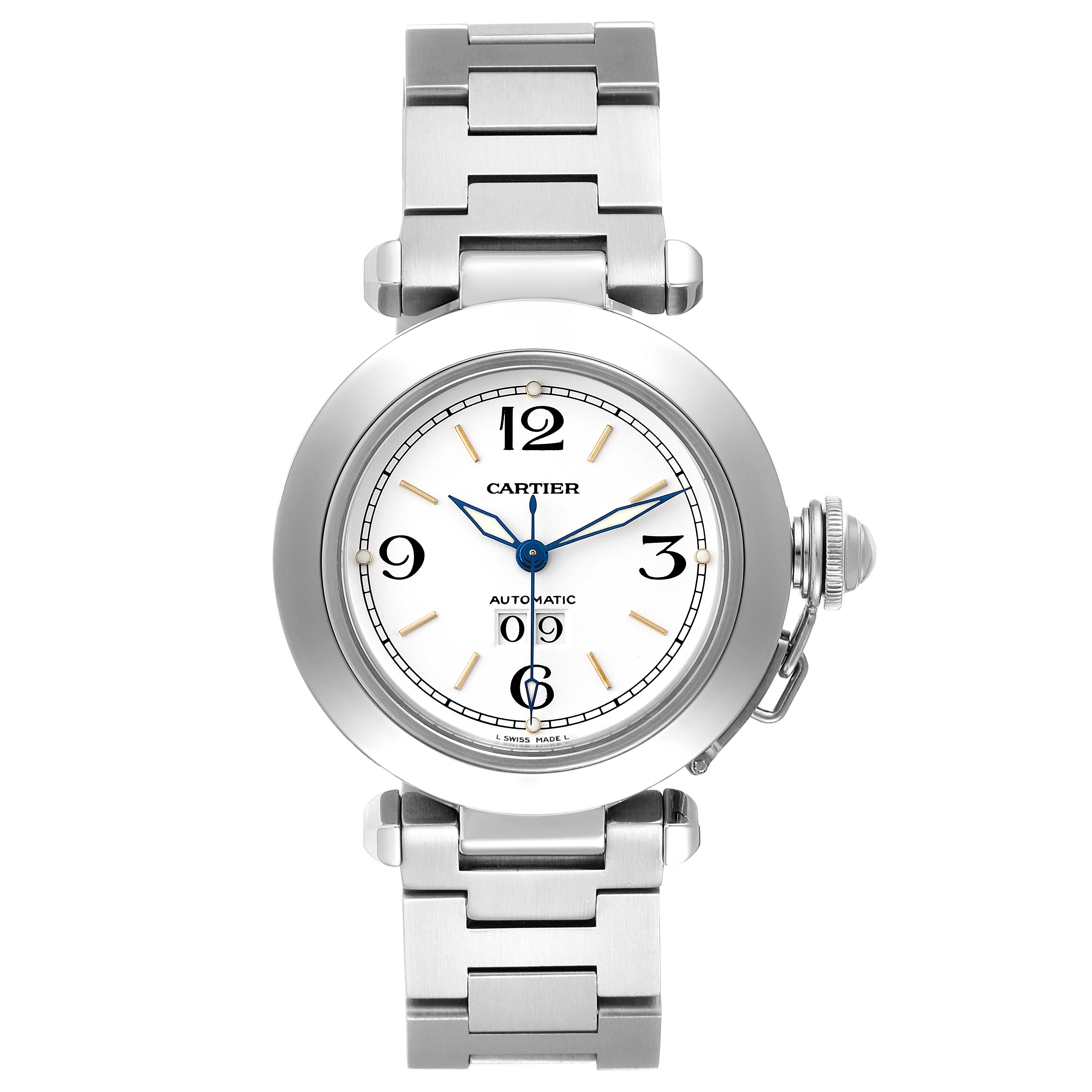 This image shows a frontal view of a Cartier Pasha W31055M7 Women's Stainless Steel White Dial W31055M7 Women's Stainless Steel White Dial watch, highlighting the dial, hands, and stainless steel bracelet.