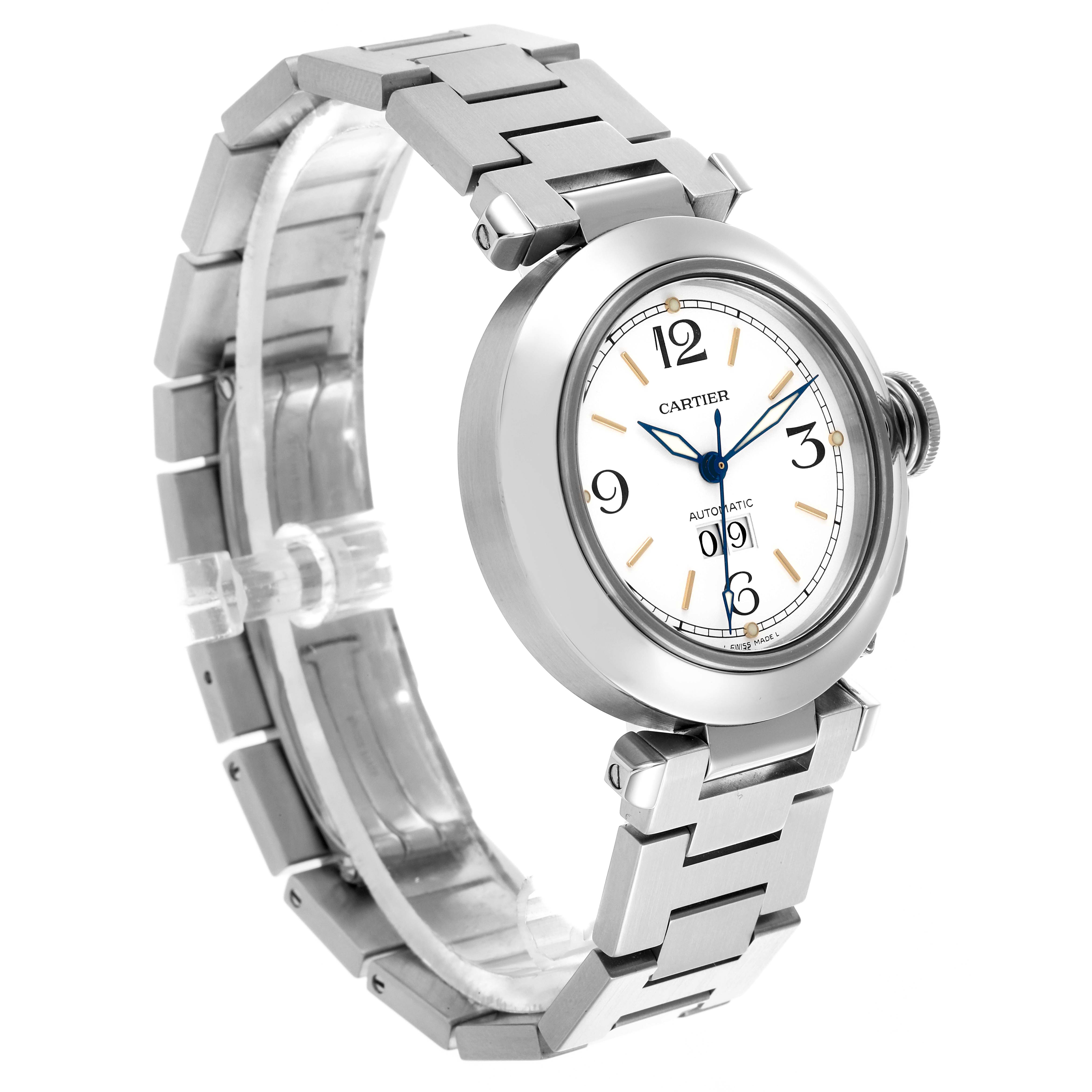 The Cartier Pasha W31044M7 Men's Stainless Steel White Dial W31044M7 Men's Stainless Steel White Dial watch is shown at a three-quarter angle, displaying the face, bezel, and bracelet.