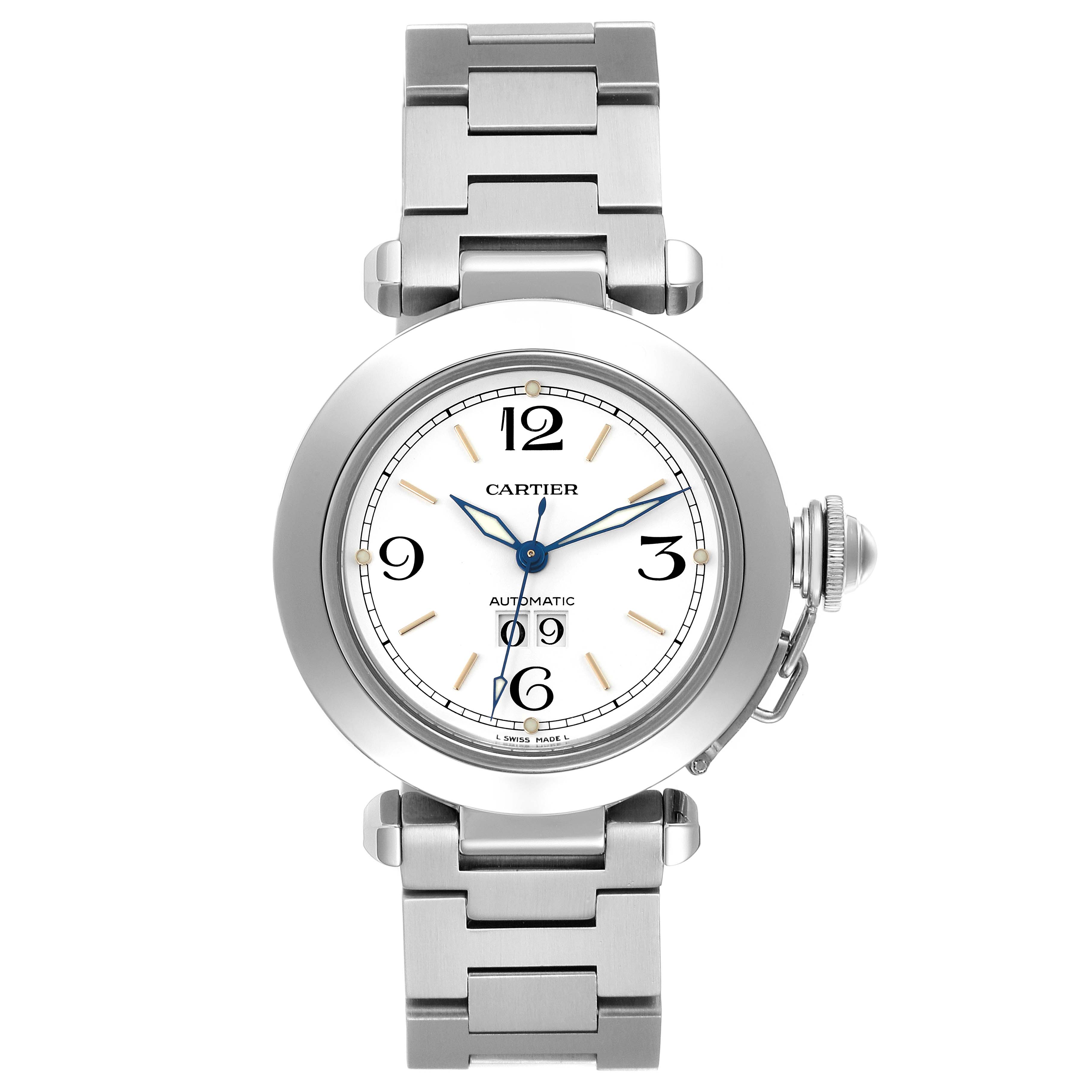 The Cartier Pasha W31044M7 Men's Stainless Steel White Dial W31044M7 Men's Stainless Steel White Dial watch is shown from a front angle, highlighting its face, bezel, bracelet, and distinctive crown cover.
