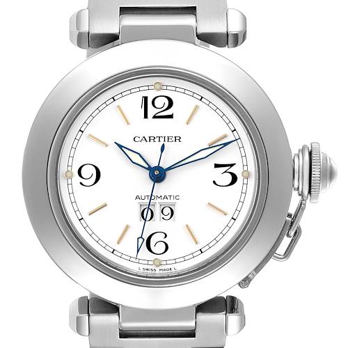 The Cartier Pasha watch is shown from a front angle, highlighting its dial, bezel, and crown guard.