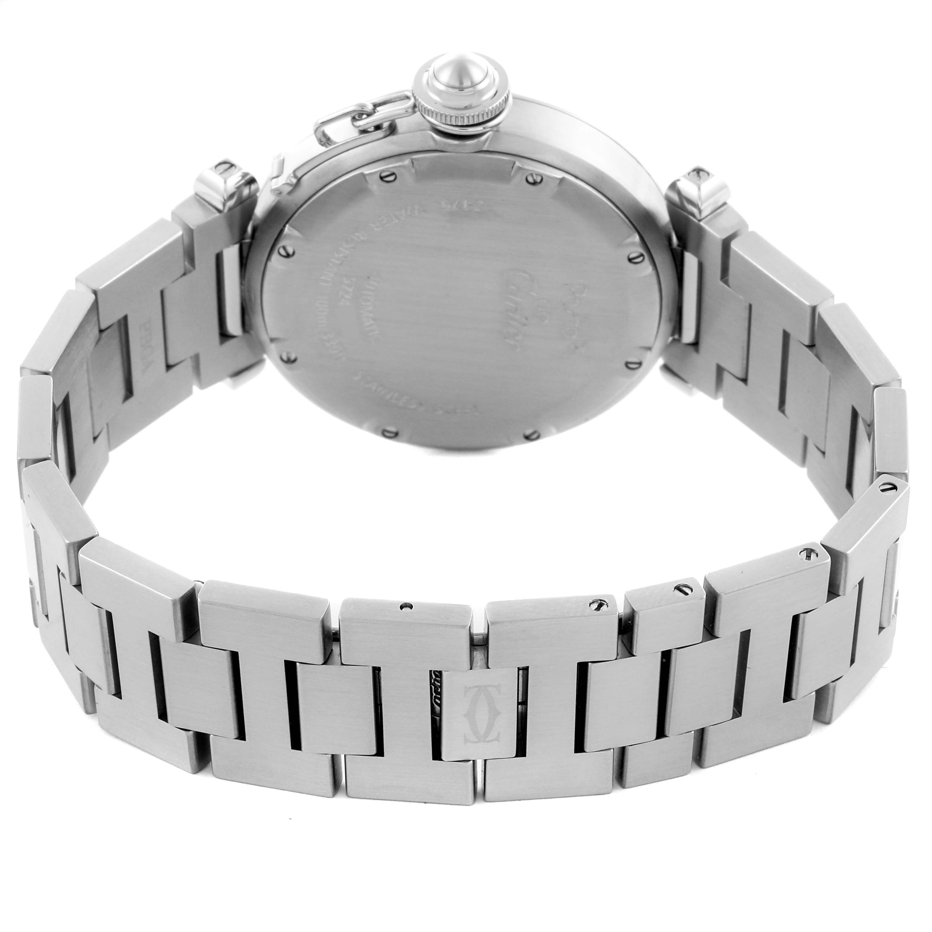 The Cartier Pasha W31044M7 Men's Stainless Steel White Dial W31044M7 Men's Stainless Steel White Dial watch is shown from the back, highlighting the clasp and bracelet links.