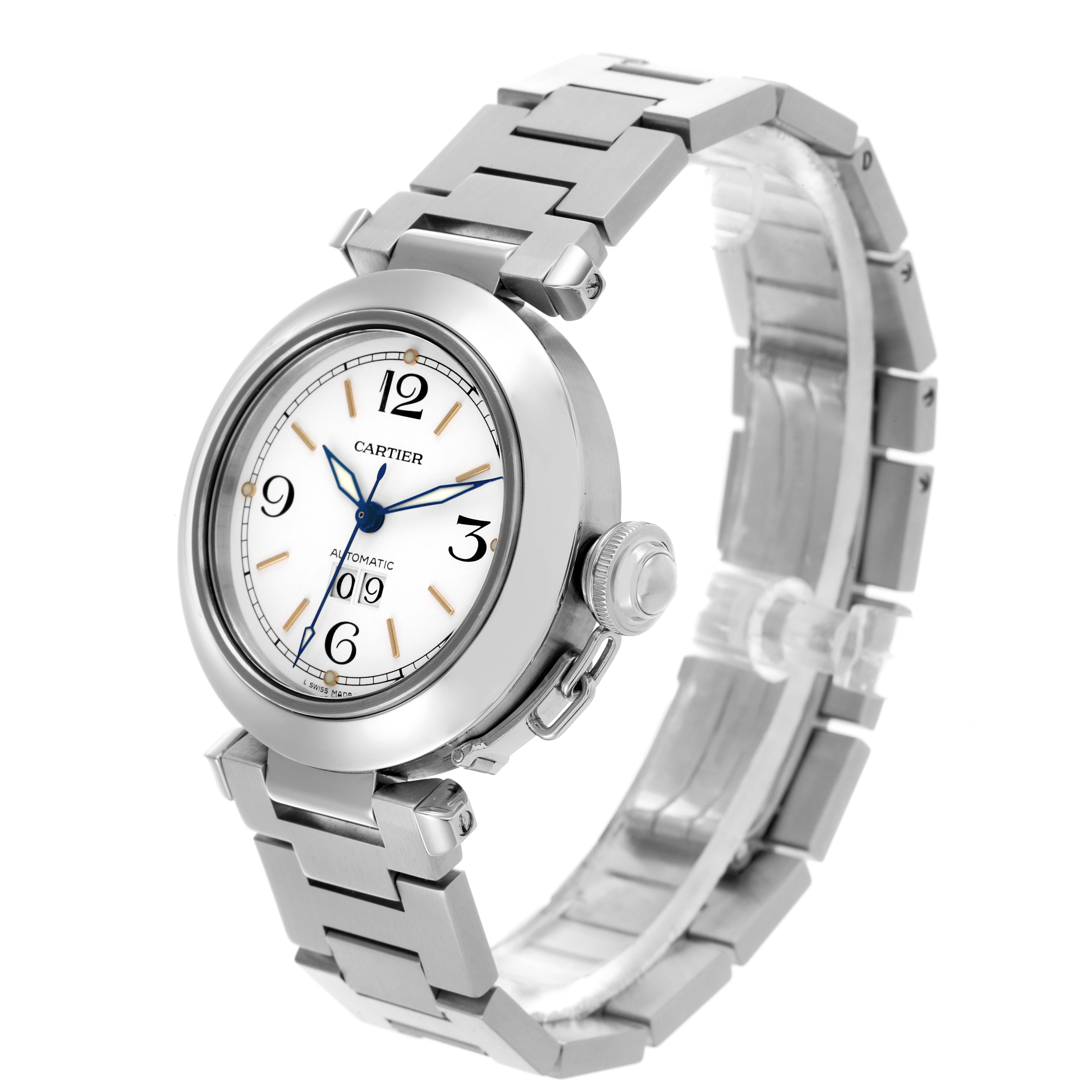 The Cartier Pasha W31044M7 Men's Stainless Steel White Dial W31044M7 Men's Stainless Steel White Dial watch is shown from a three-quarter angle, highlighting the dial, crown, and metal bracelet.