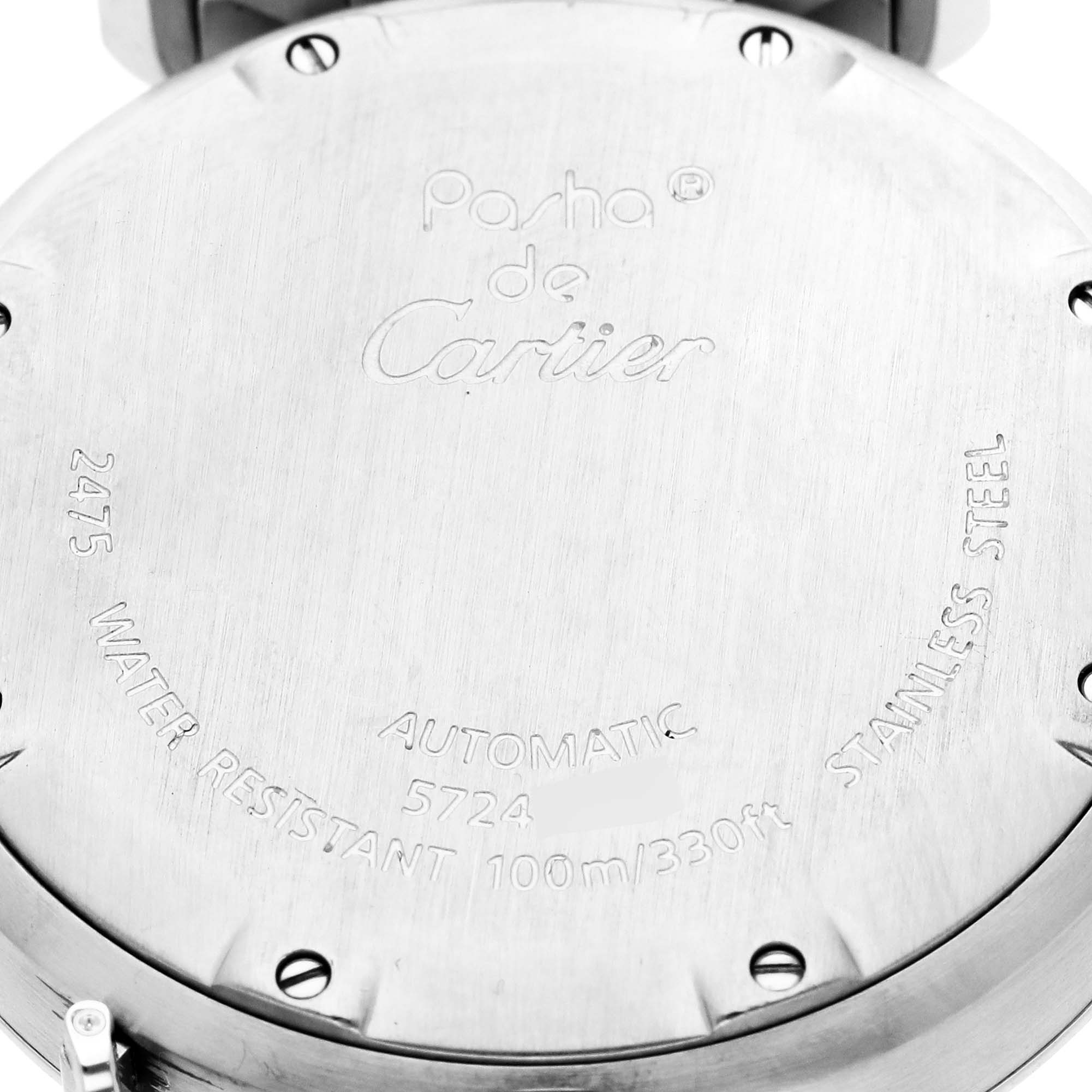The image shows the back case of a Cartier Pasha W31044M7 Men's Stainless Steel White Dial W31044M7 Men's Stainless Steel White Dial watch, displaying its engravings and details.
