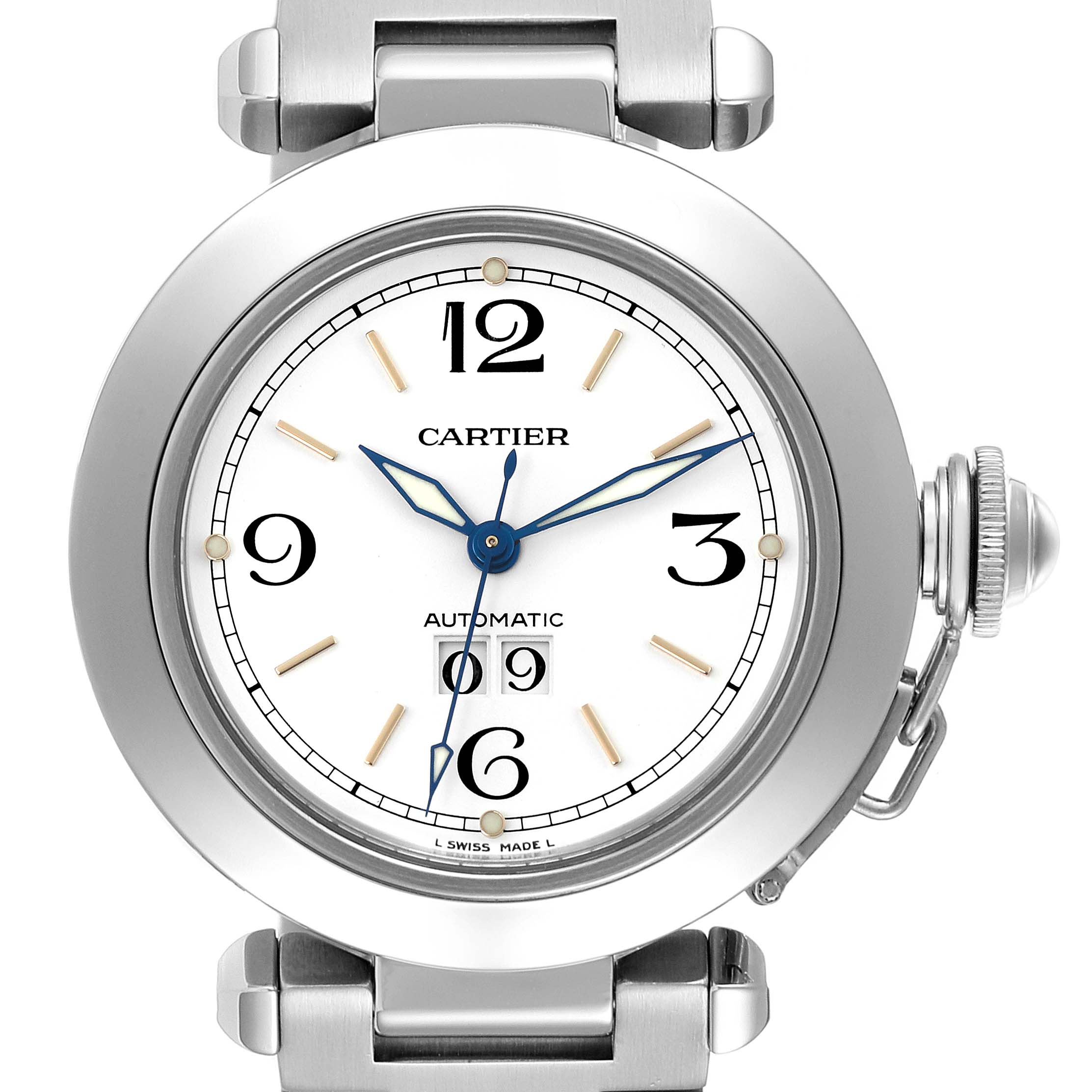 The Cartier Pasha W31044M7 Men's Stainless Steel White Dial W31044M7 Men's Stainless Steel White Dial watch is shown from the front, displaying the face, bezel, lugs, crown, and part of the bracelet.