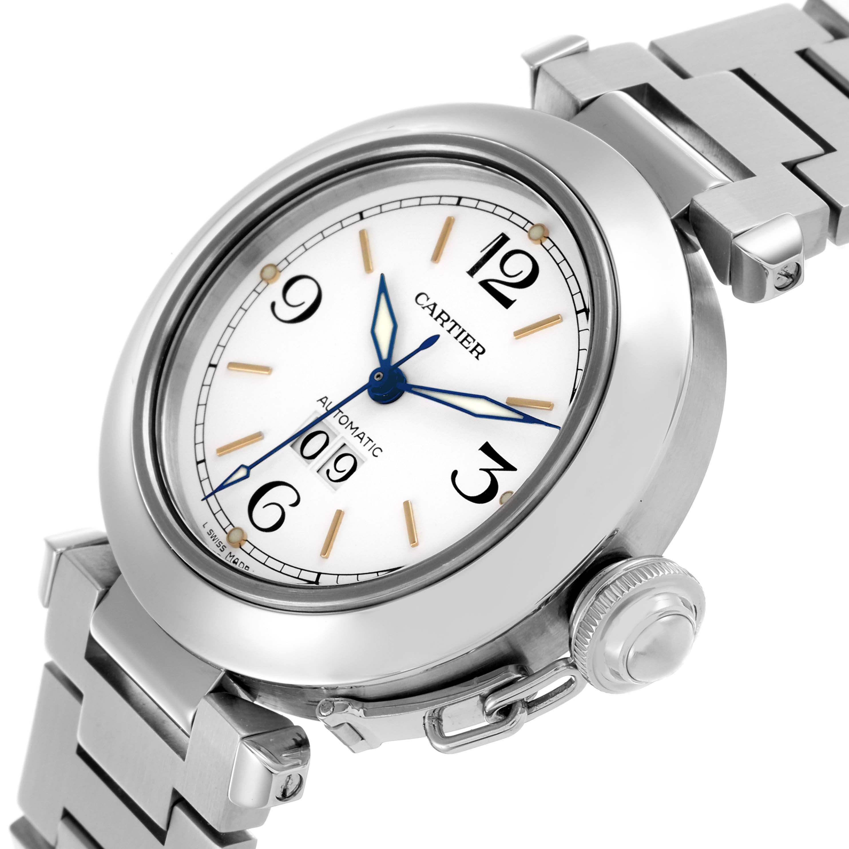 The Cartier Pasha W31044M7 Men's Stainless Steel White Dial W31044M7 Men's Stainless Steel White Dial watch is shown at an angle highlighting its dial, bracelet, and crown.