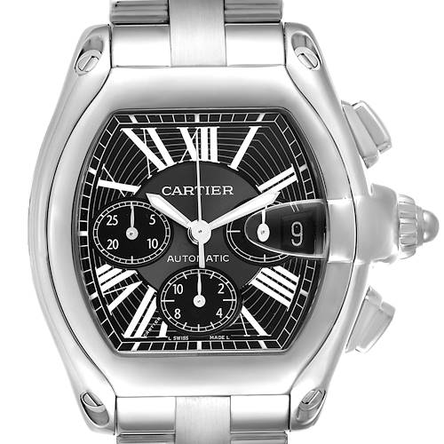 The Cartier Roadster watch is shown from a front angle, highlighting the dial, crown, and pushers.