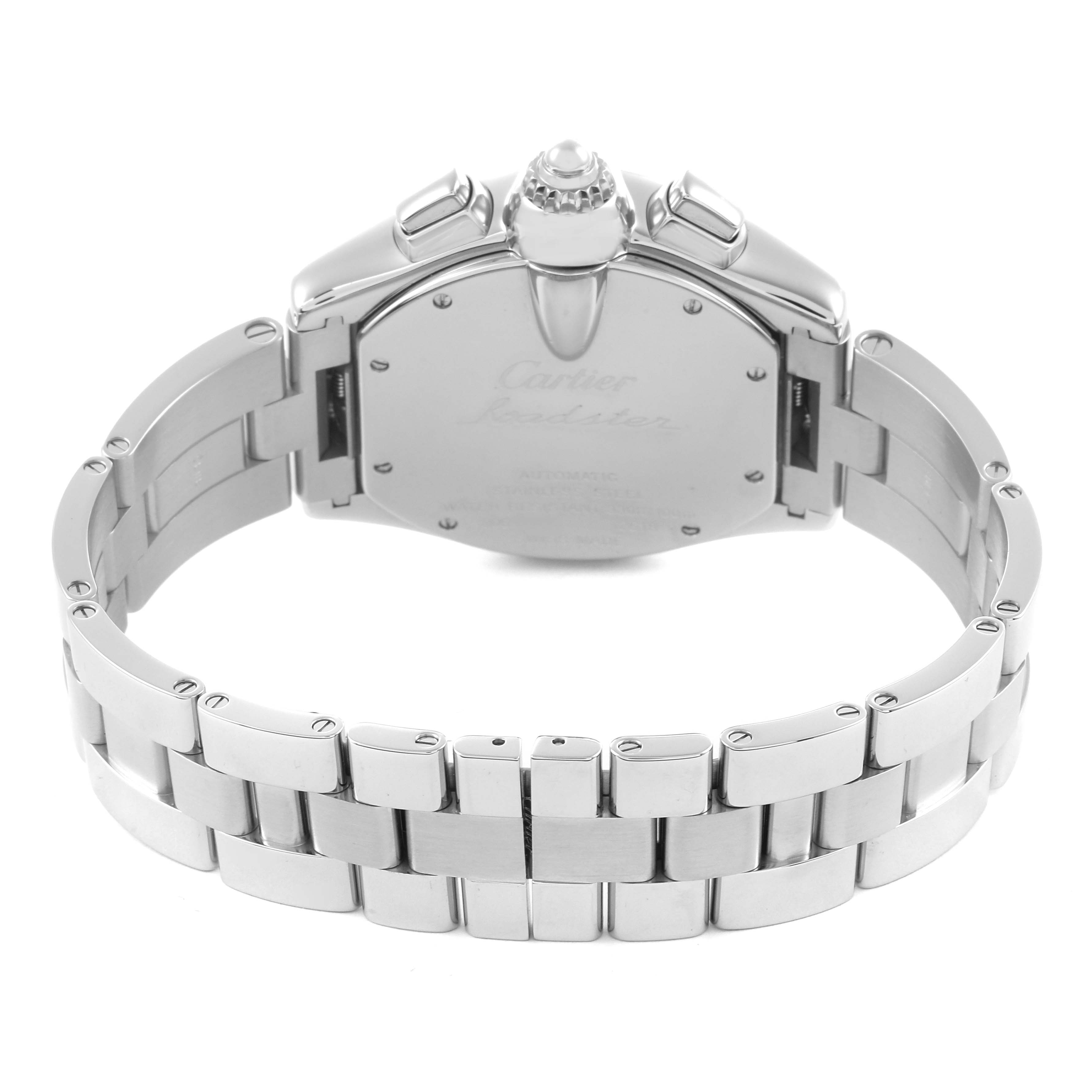 The Cartier Roadster W62020X6 Men's Stainless Steel Black Dial W62020X6 Men's Stainless Steel Black Dial watch is shown from the back, highlighting the bracelet and caseback.