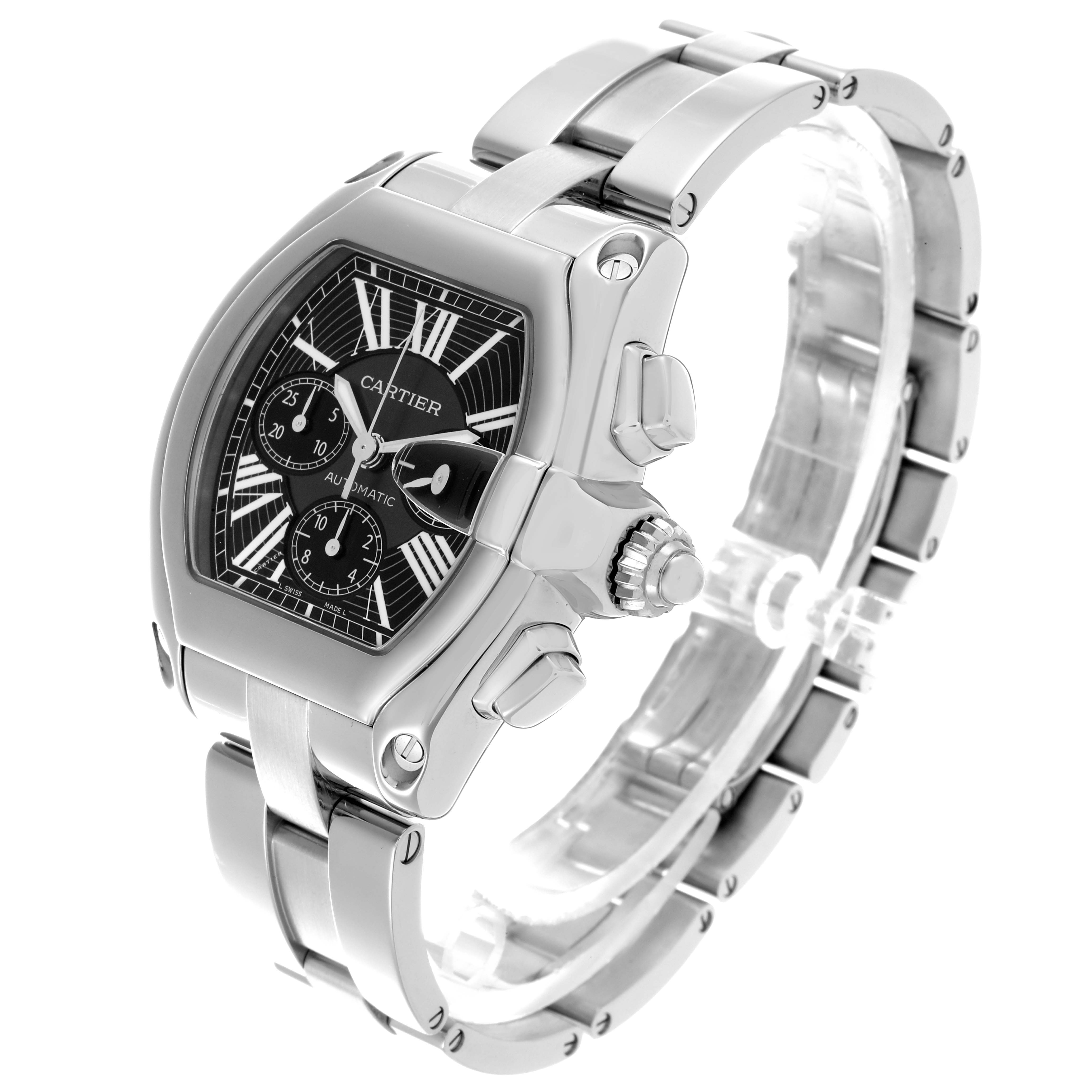 The Cartier Roadster W62020X6 Men's Stainless Steel Black Dial W62020X6 Men's Stainless Steel Black Dial watch is shown at an angle highlighting the dial, crown, and stainless steel bracelet.