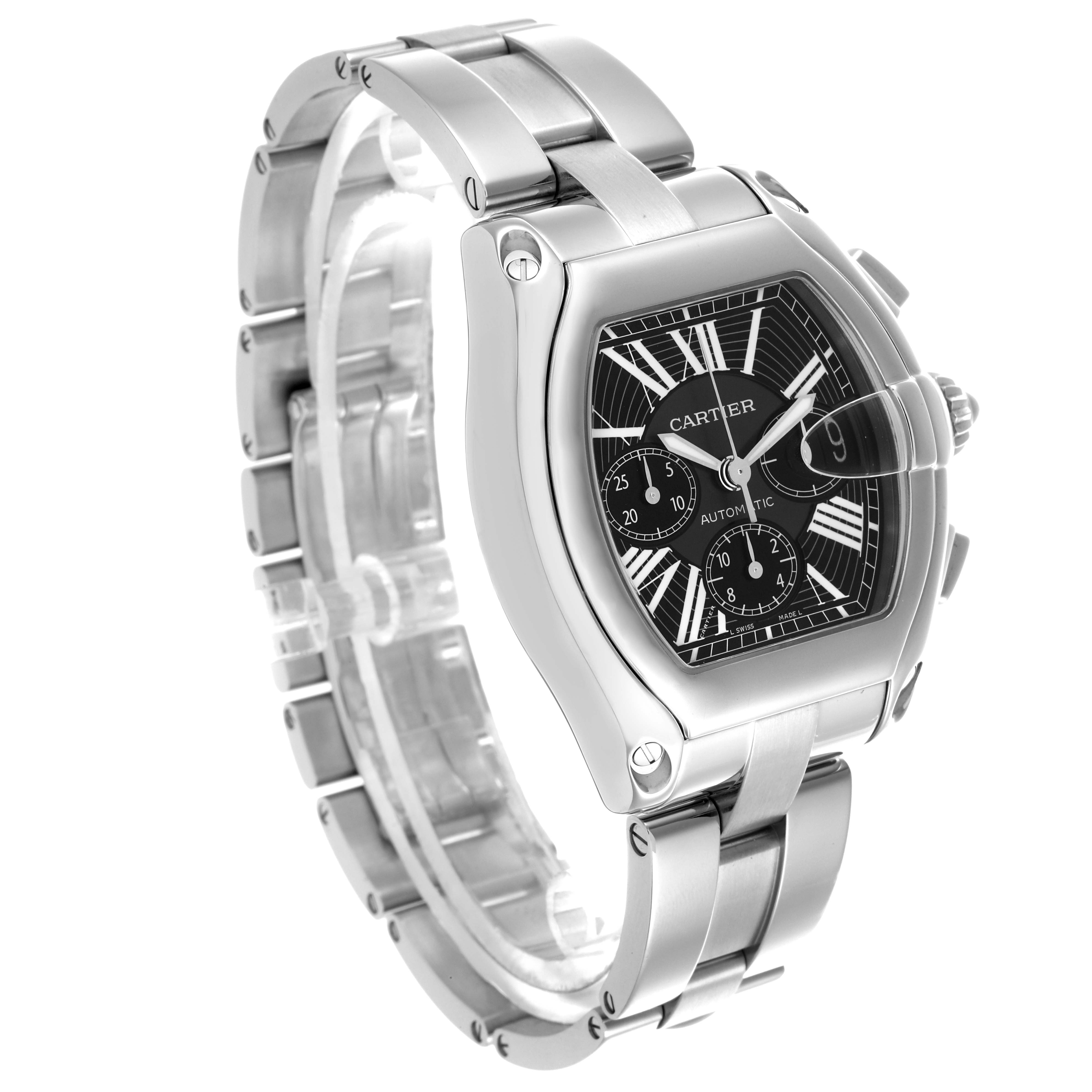 The Cartier Roadster W62020X6 Men's Stainless Steel Black Dial W62020X6 Men's Stainless Steel Black Dial watch is displayed at a three-quarter angle, showing the face, bezel, and bracelet.