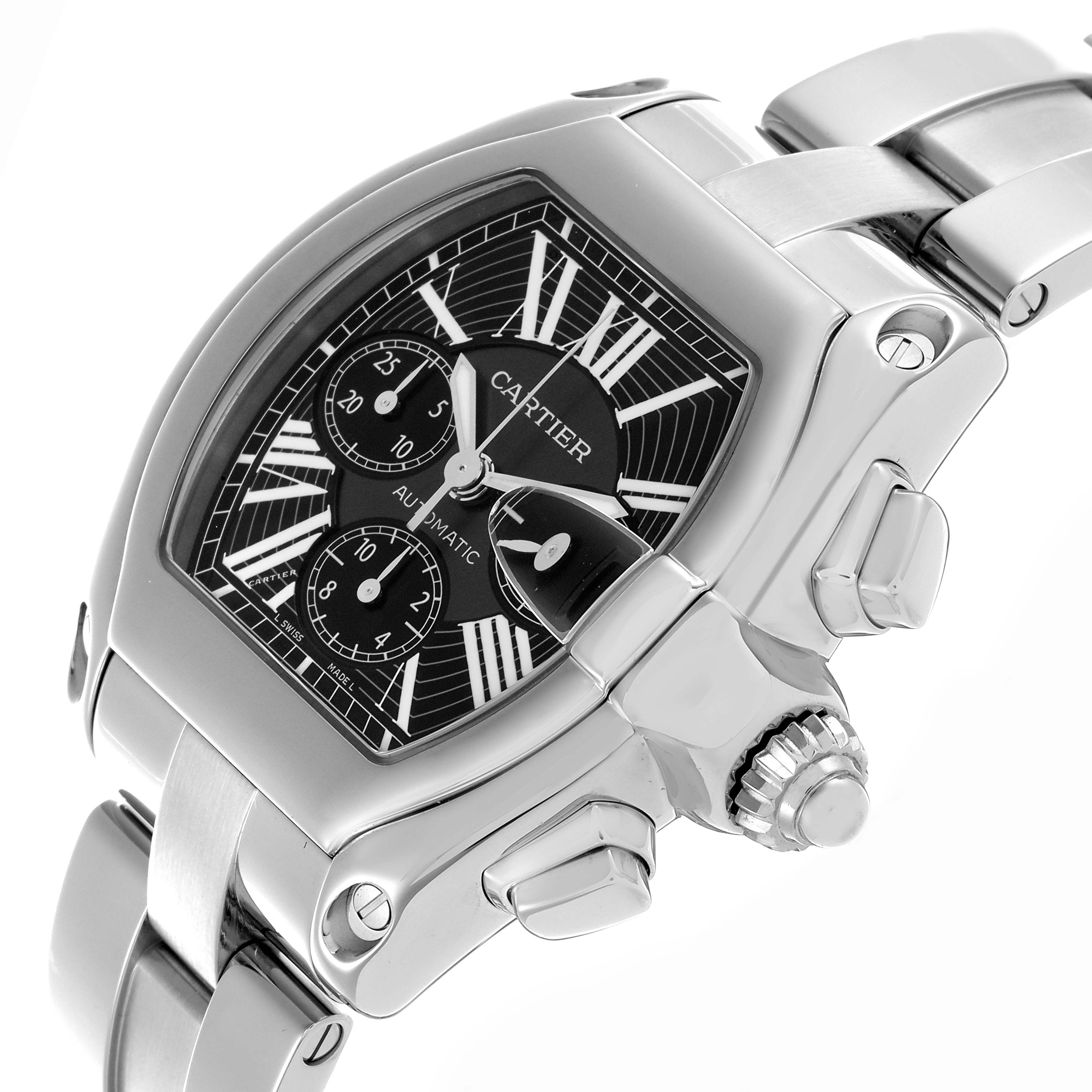 The Cartier Roadster W62020X6 Men's Stainless Steel Black Dial W62020X6 Men's Stainless Steel Black Dial is shown from a top-side angle featuring the dial, crown, and part of the bracelet.
