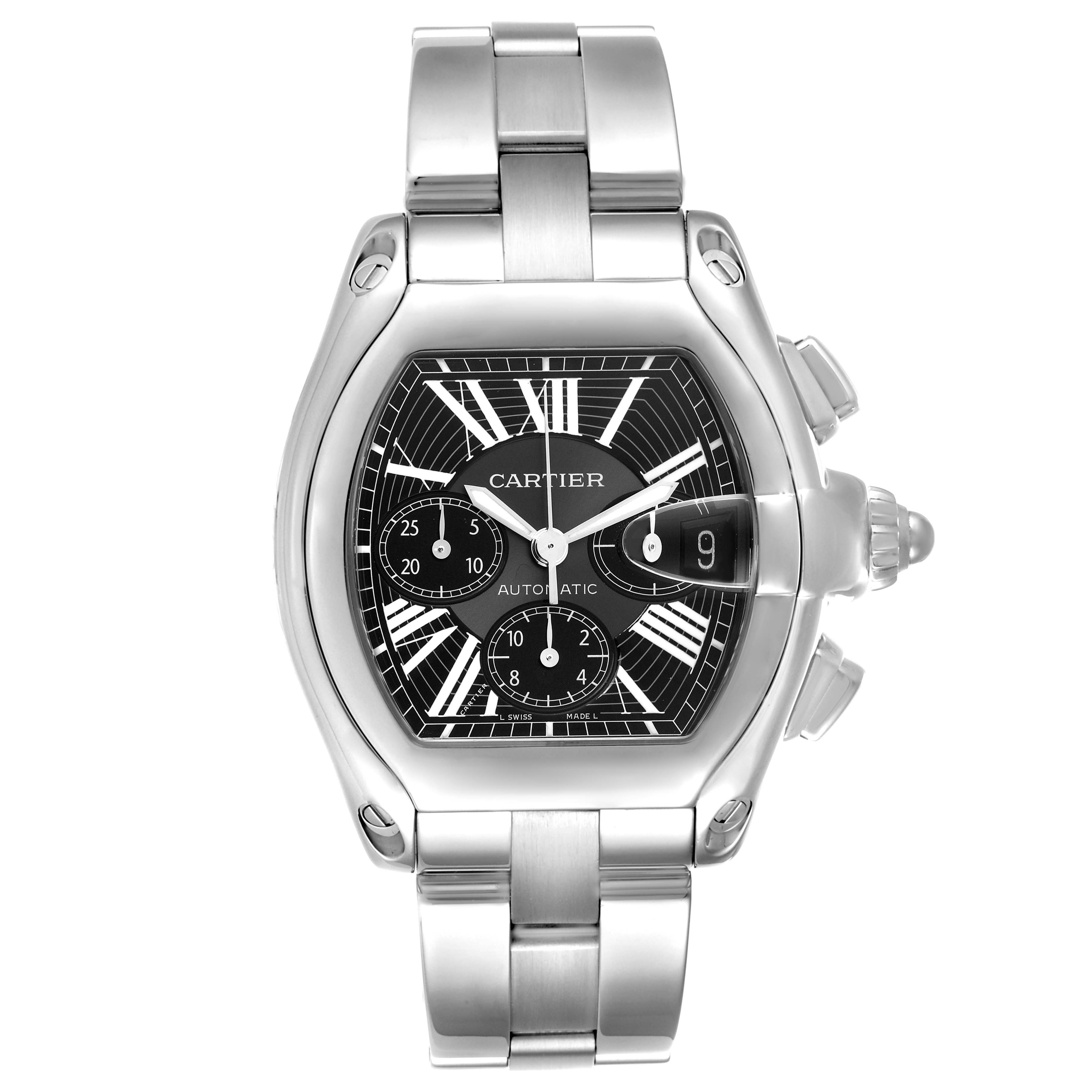 The Cartier Roadster W62020X6 Men's Stainless Steel Black Dial W62020X6 Men's Stainless Steel Black Dial watch is shown from a front angle, highlighting the dial, case, and bracelet.
