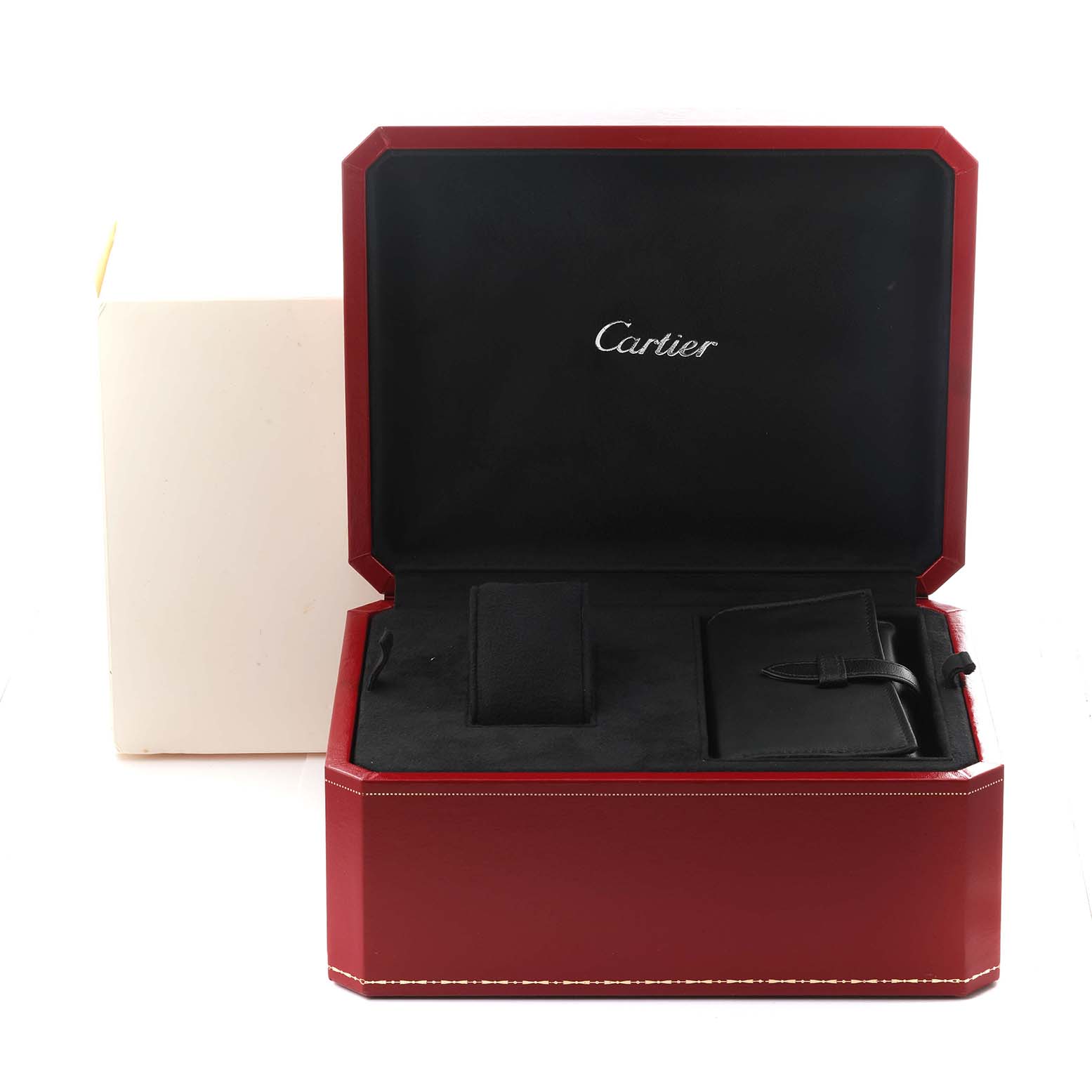 The image shows a Cartier Roadster W62020X6 Men's Stainless Steel Black Dial W62020X6 Men's Stainless Steel Black Dial watch box, open, displaying its interior compartments and packaging.