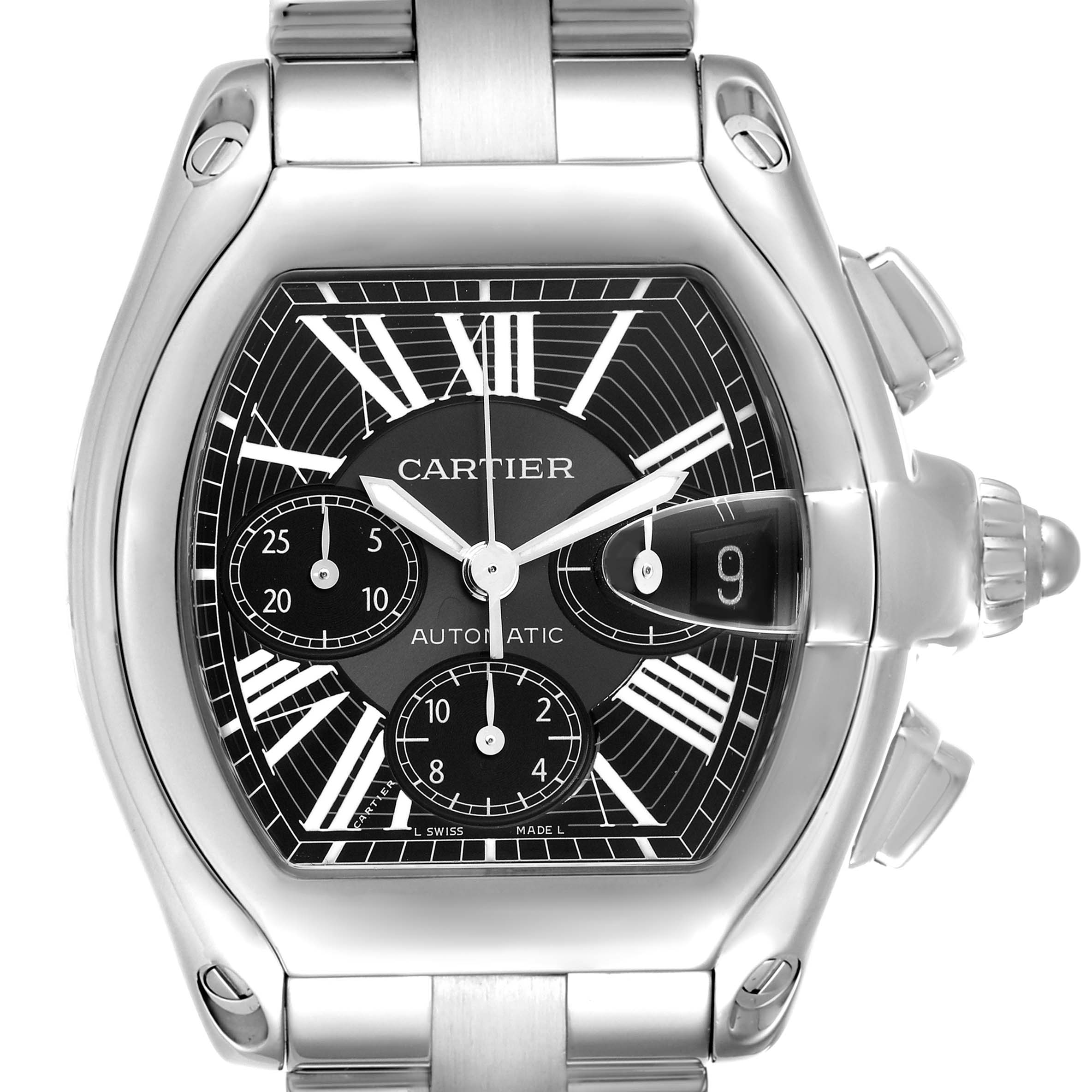 The Cartier Roadster W62020X6 Men's Stainless Steel Black Dial W62020X6 Men's Stainless Steel Black Dial model is shown from the front, highlighting its dial, subdials, date window, and bracelet.