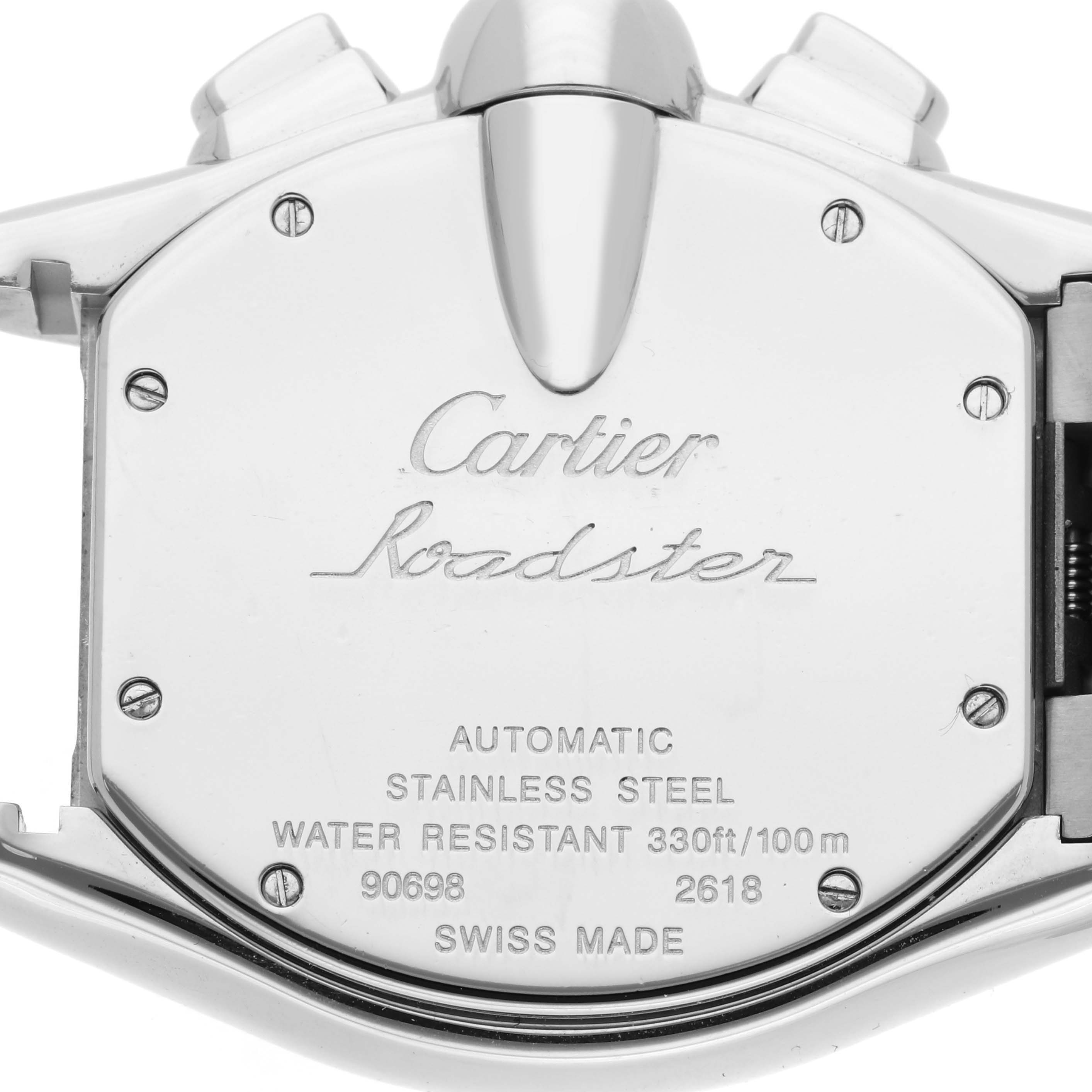 The image shows the back case of the Cartier Roadster W62020X6 Men's Stainless Steel Black Dial W62020X6 Men's Stainless Steel Black Dial watch, displaying engravings and specifications.