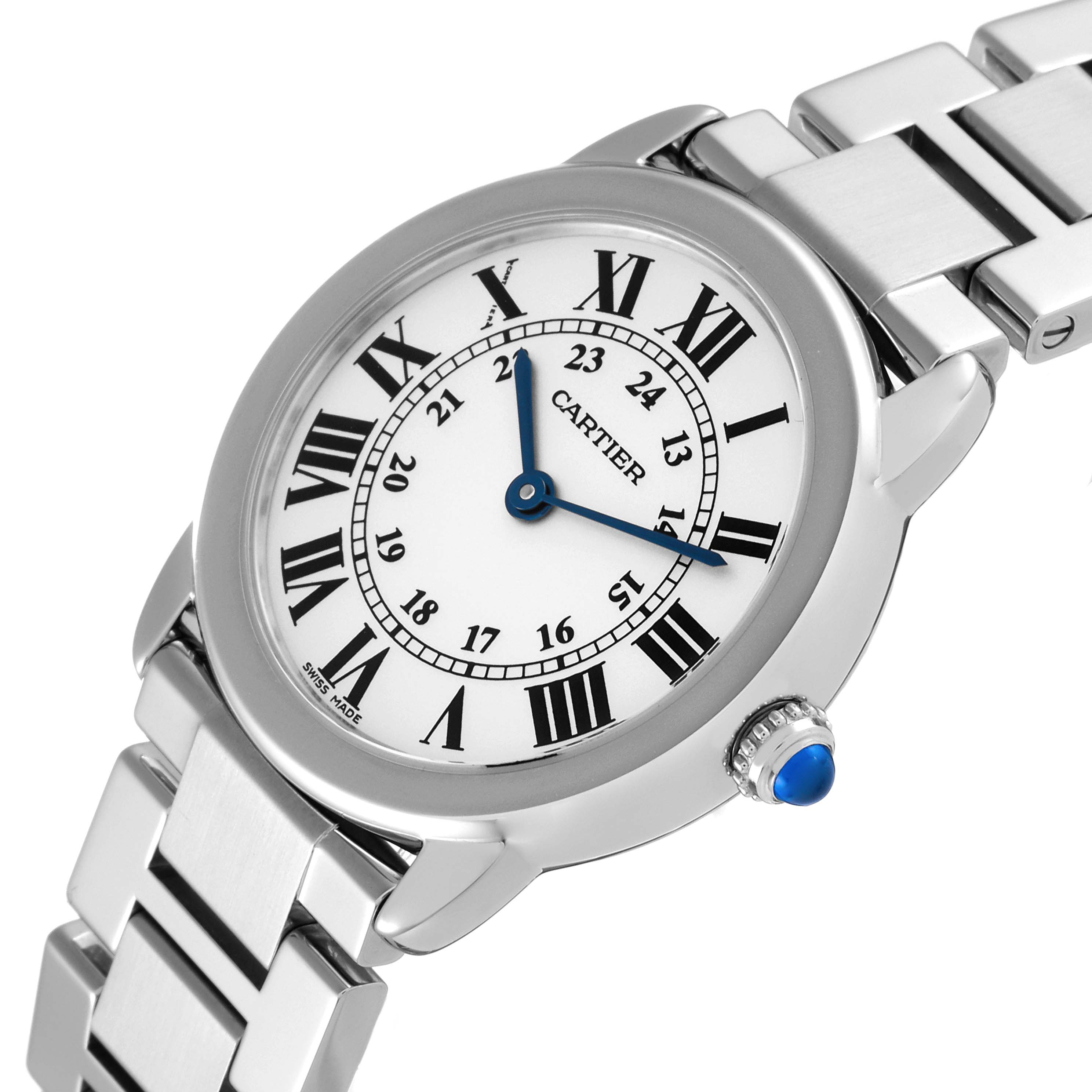 The image shows a Cartier Ronde W6701004 Women's Stainless Steel Silver Dial W6701004 Women's Stainless Steel Silver Dial watch at an angle, highlighting its dial, Roman numerals, and metal bracelet.