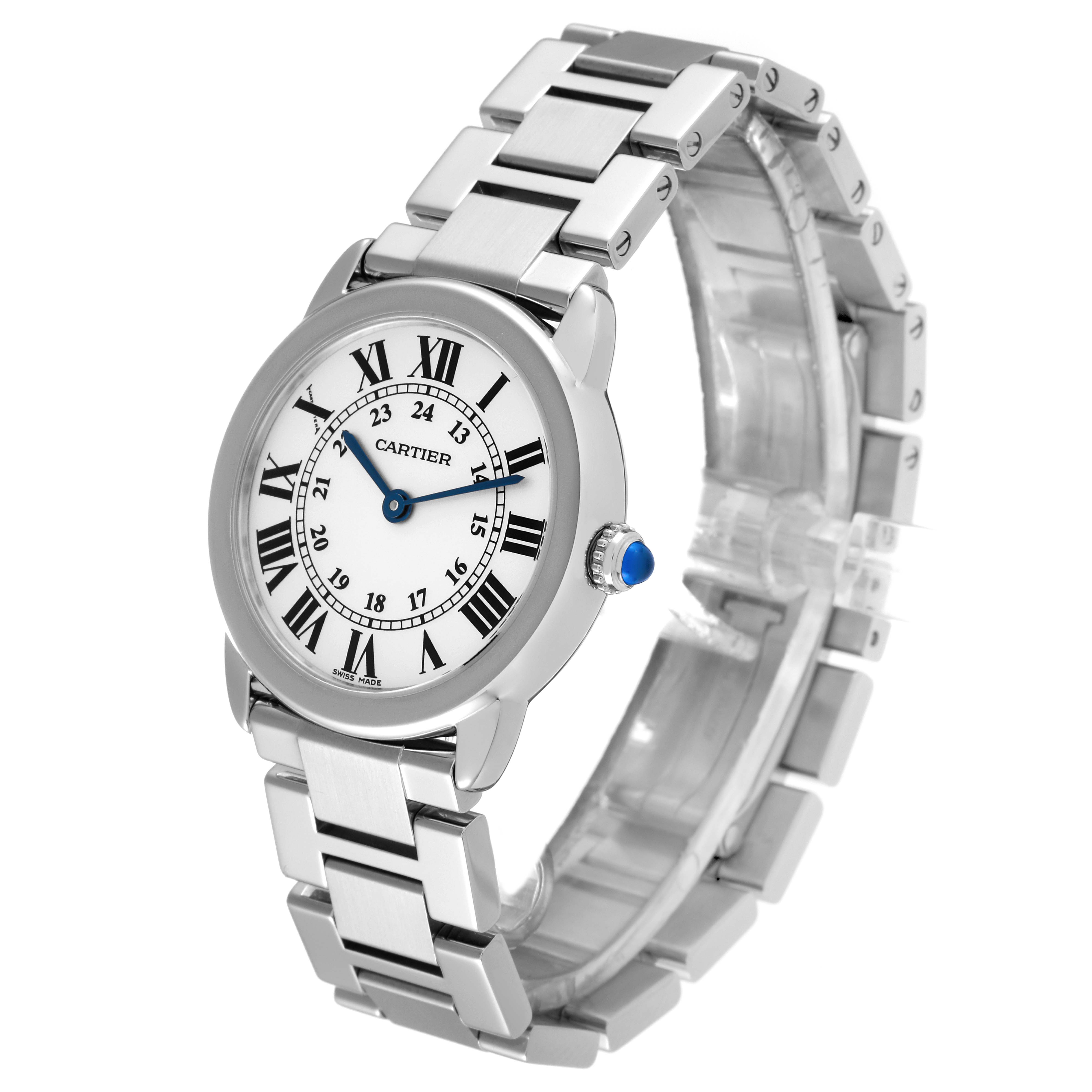 The image shows a Cartier Ronde W6701004 Women's Stainless Steel Silver Dial W6701004 Women's Stainless Steel Silver Dial watch at a three-quarter angle highlighting its face, bracelet, and crown.
