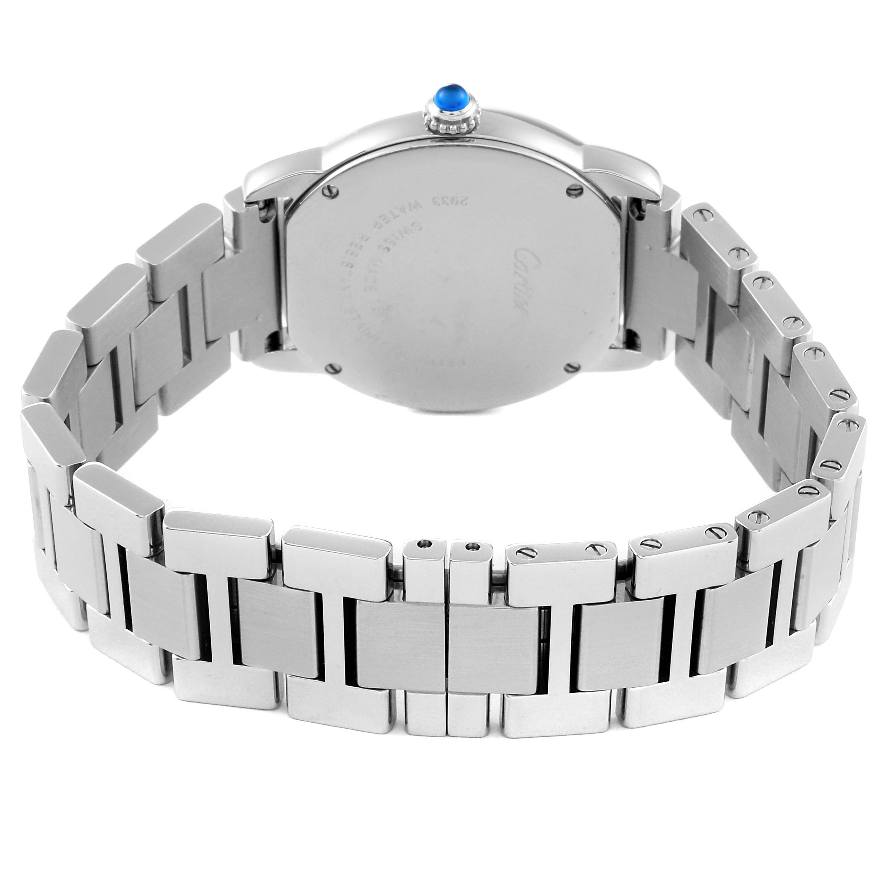 The image shows the back view and bracelet of a Cartier Ronde W6701004 Women's Stainless Steel Silver Dial W6701004 Women's Stainless Steel Silver Dial model watch.