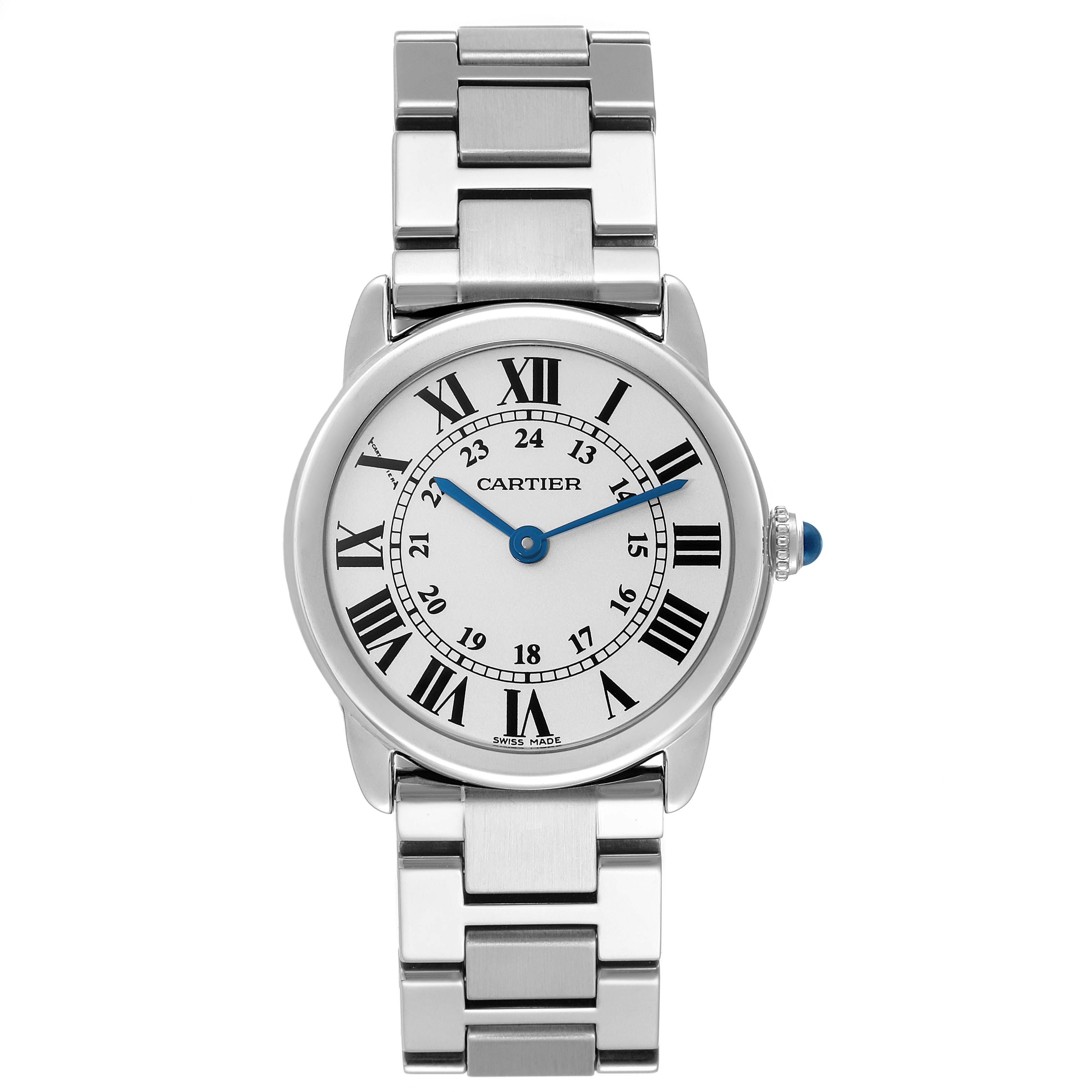 This image shows a front view of the Cartier Ronde W6701004 Women's Stainless Steel Silver Dial W6701004 Women's Stainless Steel Silver Dial watch, displaying its face, bracelet, and crown.