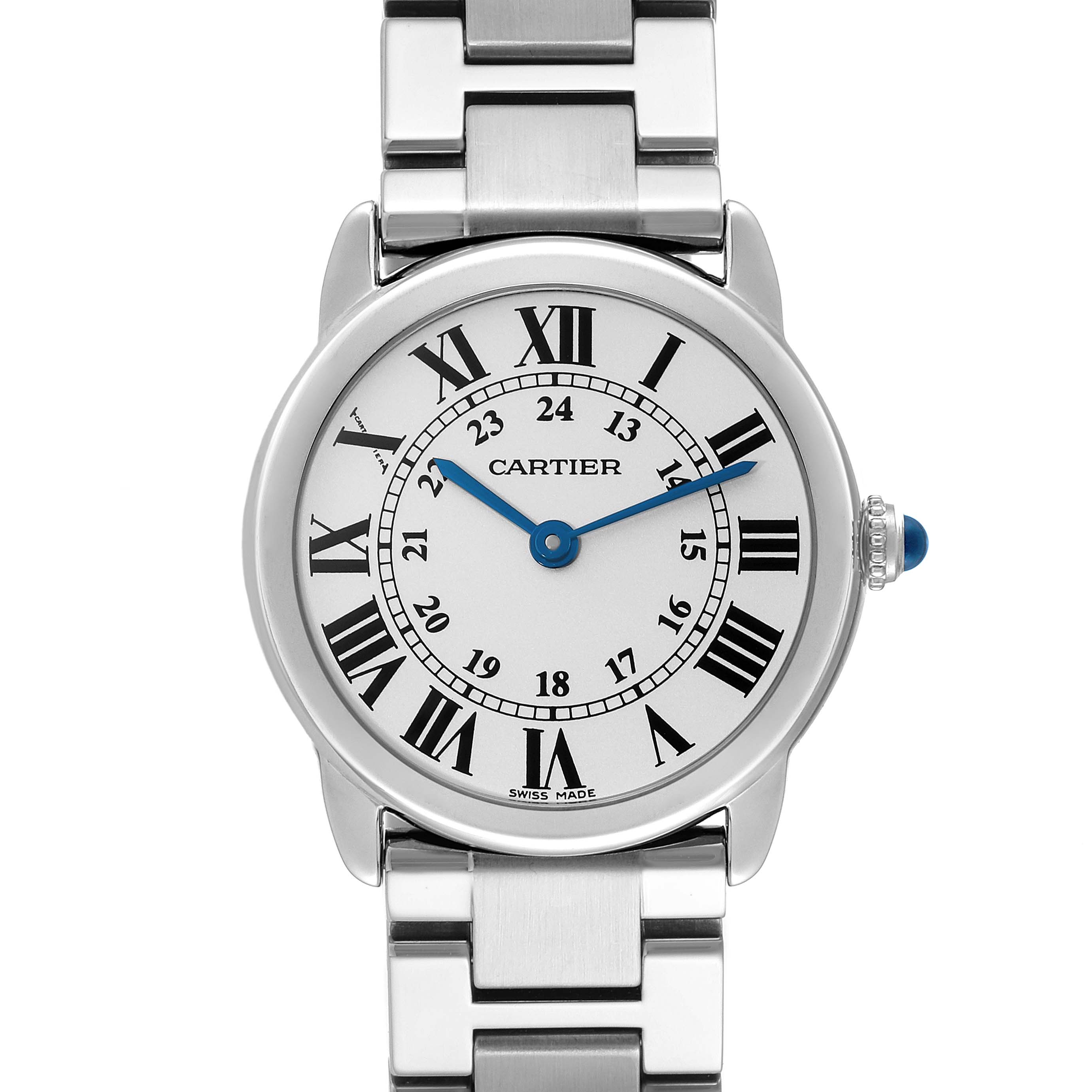 This upward-facing image shows the face and bracelet of a Cartier Ronde W6701004 Women's Stainless Steel Silver Dial W6701004 Women's Stainless Steel Silver Dial watch.
