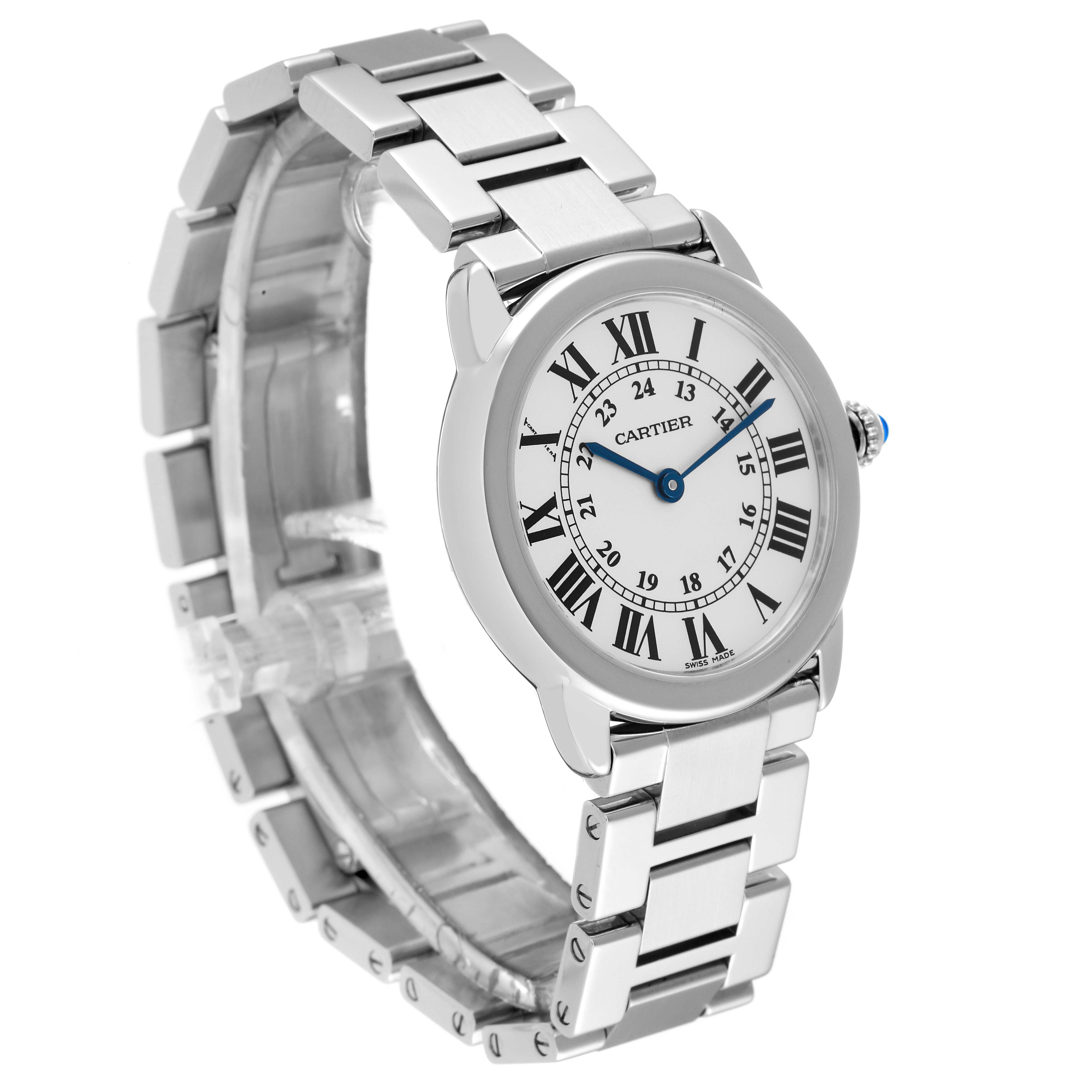 The image shows a Ronde model watch by Cartier, angled to emphasize the face and stainless steel bracelet.