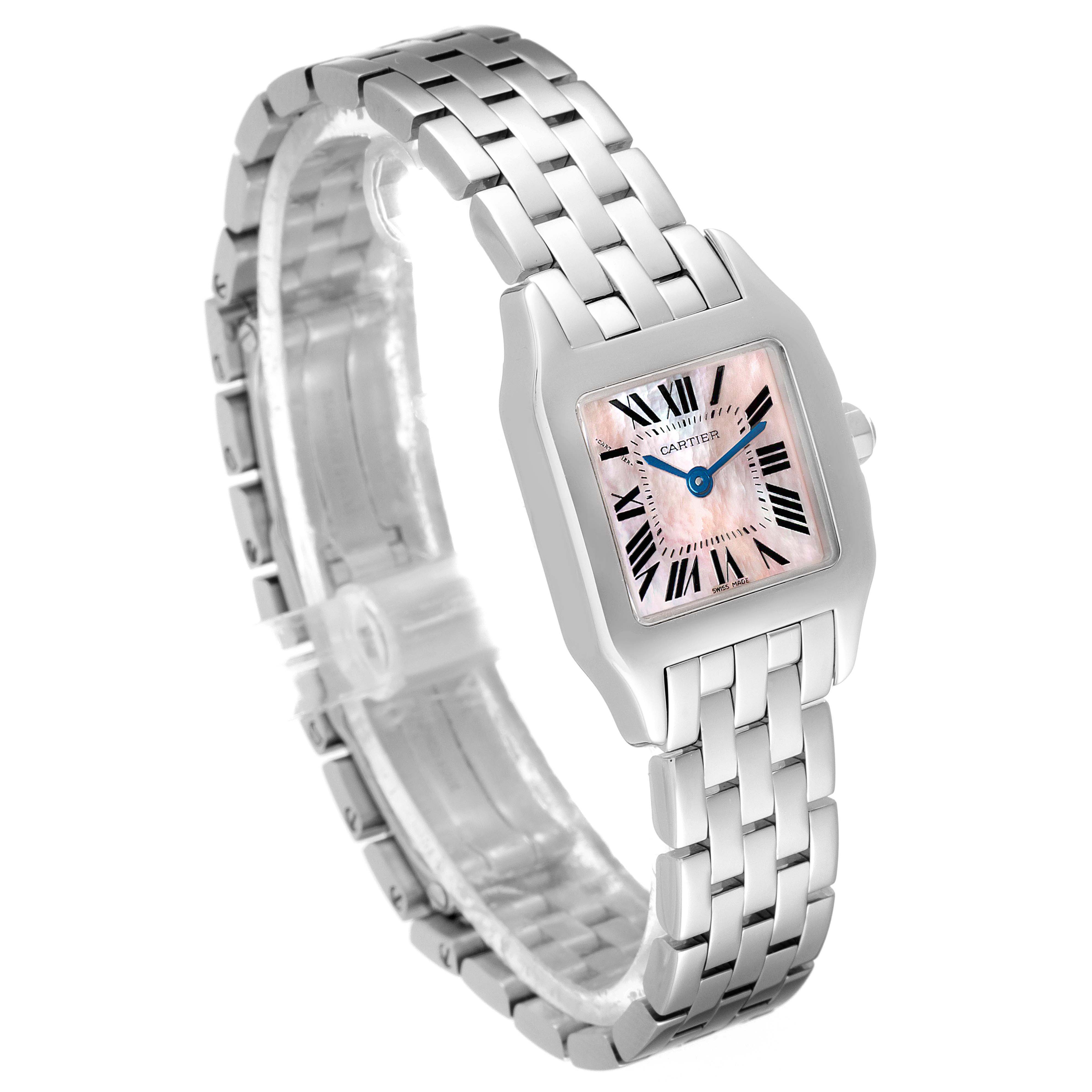 The image shows a Cartier Santos Demoiselle W25075Z5 Women's Stainless Steel Mother of Pearl Dial W25075Z5 Women's Stainless Steel Mother of Pearl Dial watch angled from the top right, highlighting the face and bracelet.