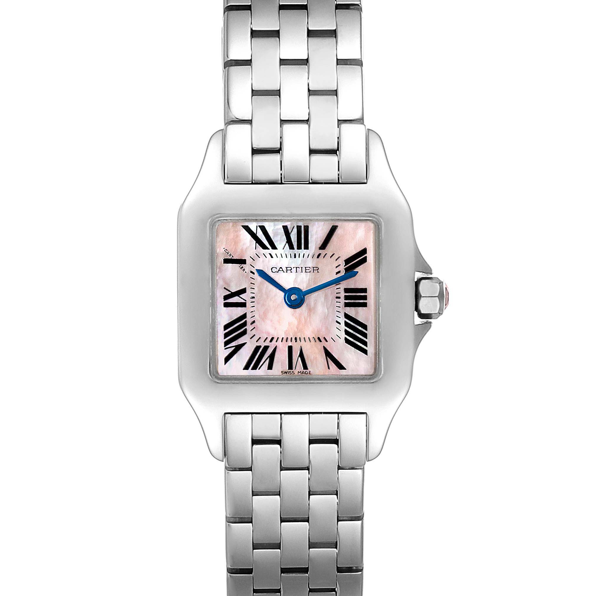 The Cartier Santos Demoiselle W25075Z5 Women's Stainless Steel Mother of Pearl Dial W25075Z5 Women's Stainless Steel Mother of Pearl Dial watch is shown from a front angle, displaying its square face, roman numerals, blue hands, and metal bracelet.