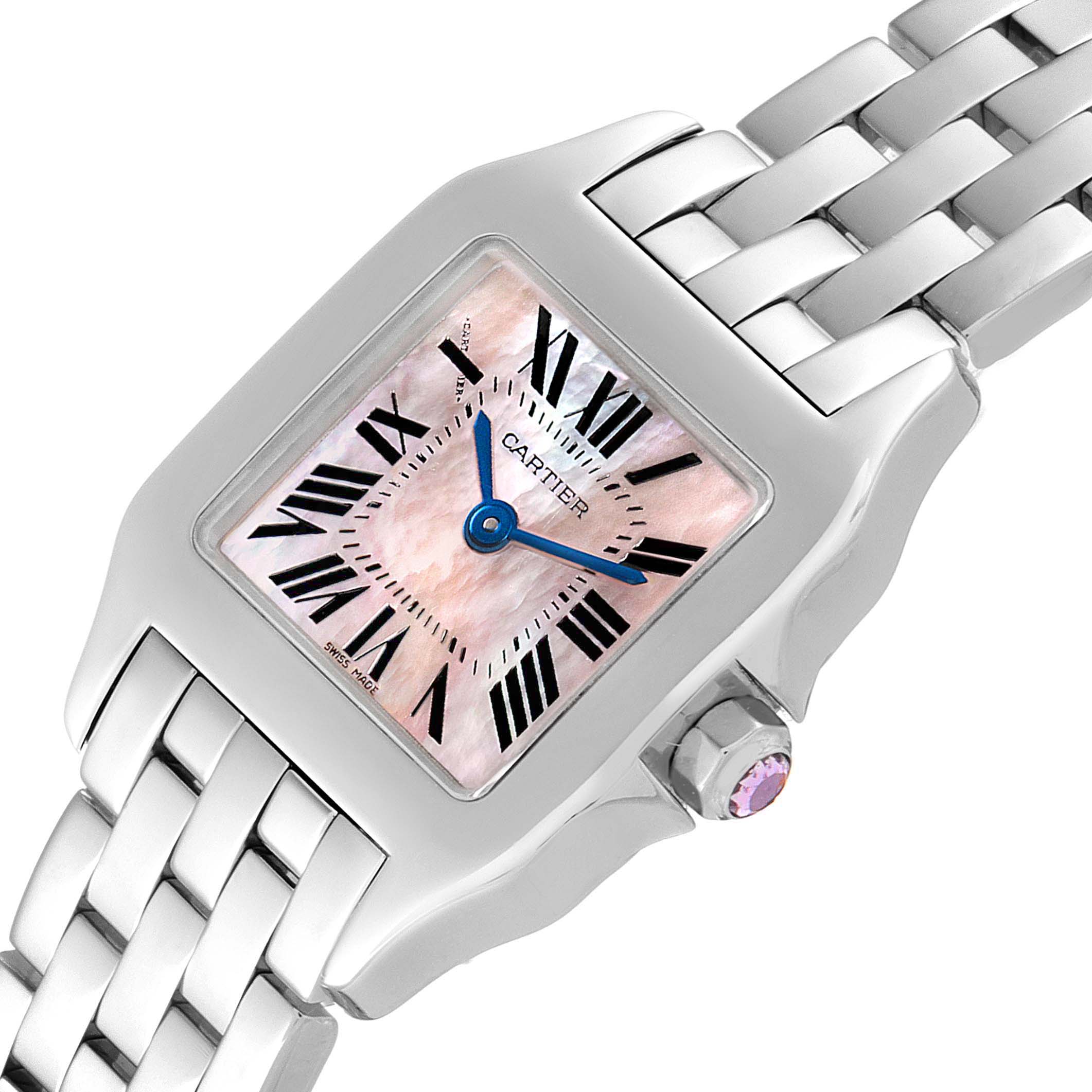 The image shows a Cartier Santos Demoiselle W25075Z5 Women's Stainless Steel Mother of Pearl Dial W25075Z5 Women's Stainless Steel Mother of Pearl Dial watch from a top angle, highlighting the face, dial, crown, and part of the bracelet.