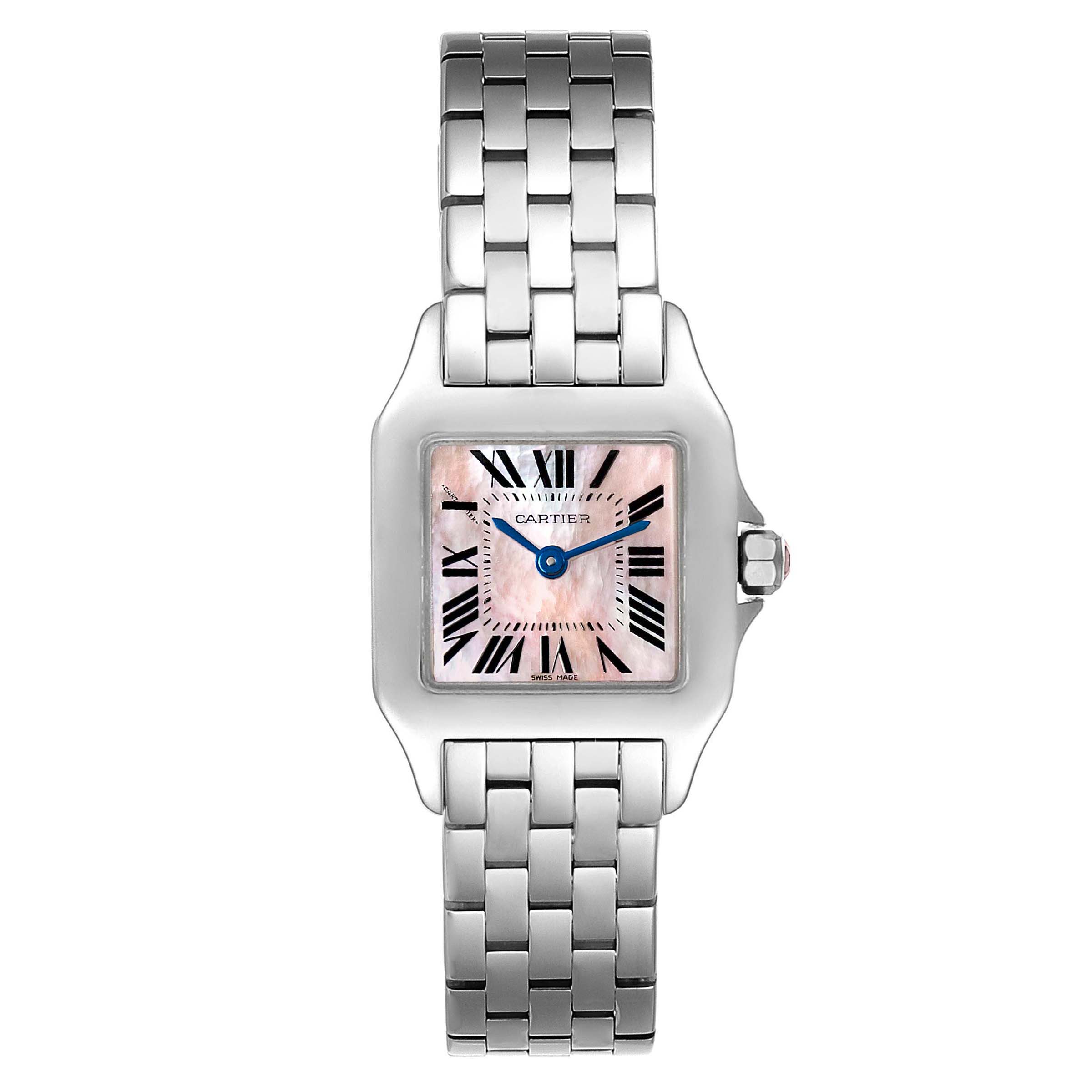 The image shows a frontal view of the Santos Demoiselle model by Cartier, showcasing its face, dial, hands, and bracelet.