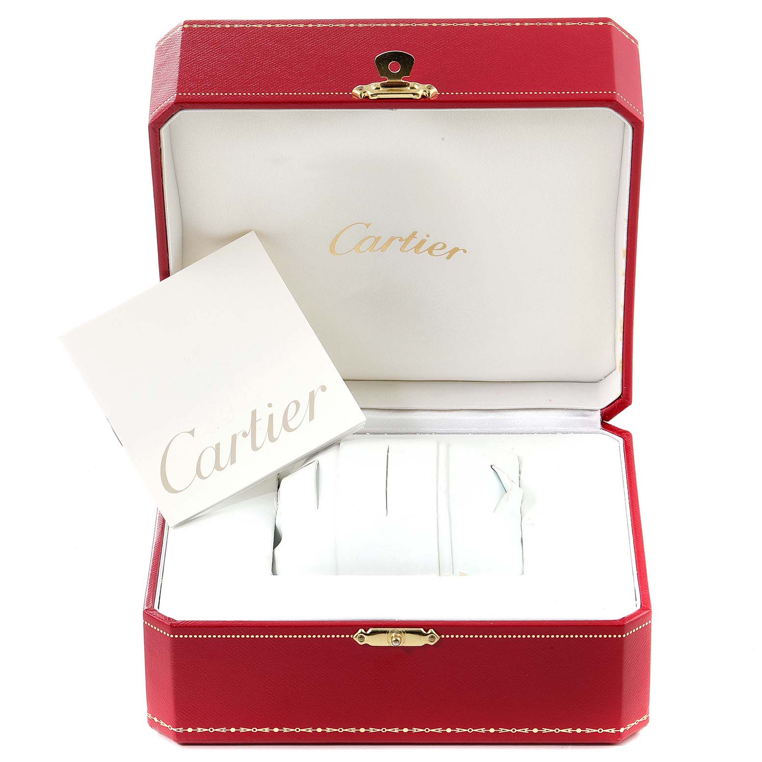 The image shows an open Cartier Santos Demoiselle W25075Z5 Women's Stainless Steel Mother of Pearl Dial W25075Z5 Women's Stainless Steel Mother of Pearl Dial watch box with an included booklet.