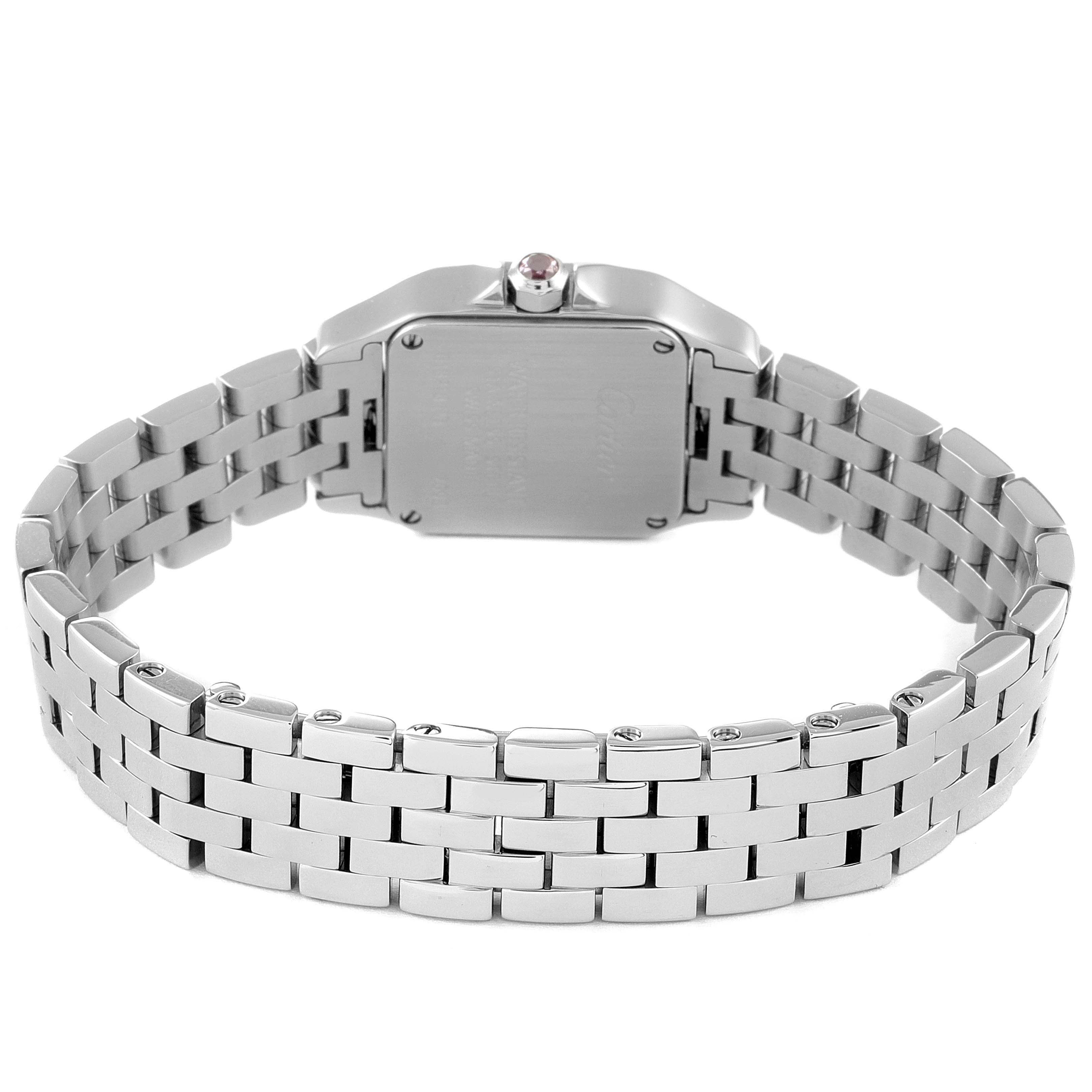 The image shows the back and bracelet of the Santos Demoiselle model by Cartier from a rear view angle.