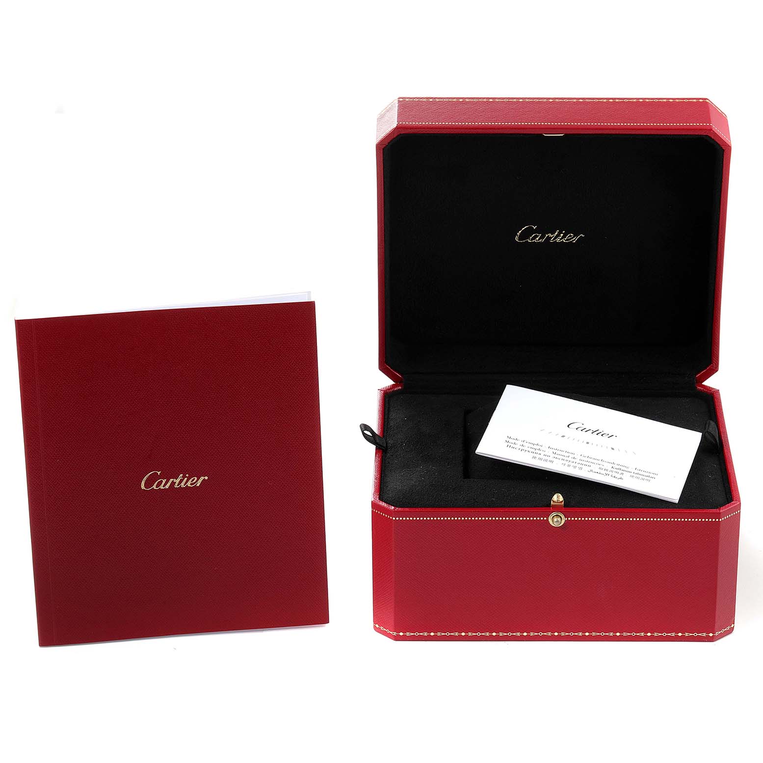The image shows the packaging and documentation for the Santos Dumont model by Cartier.