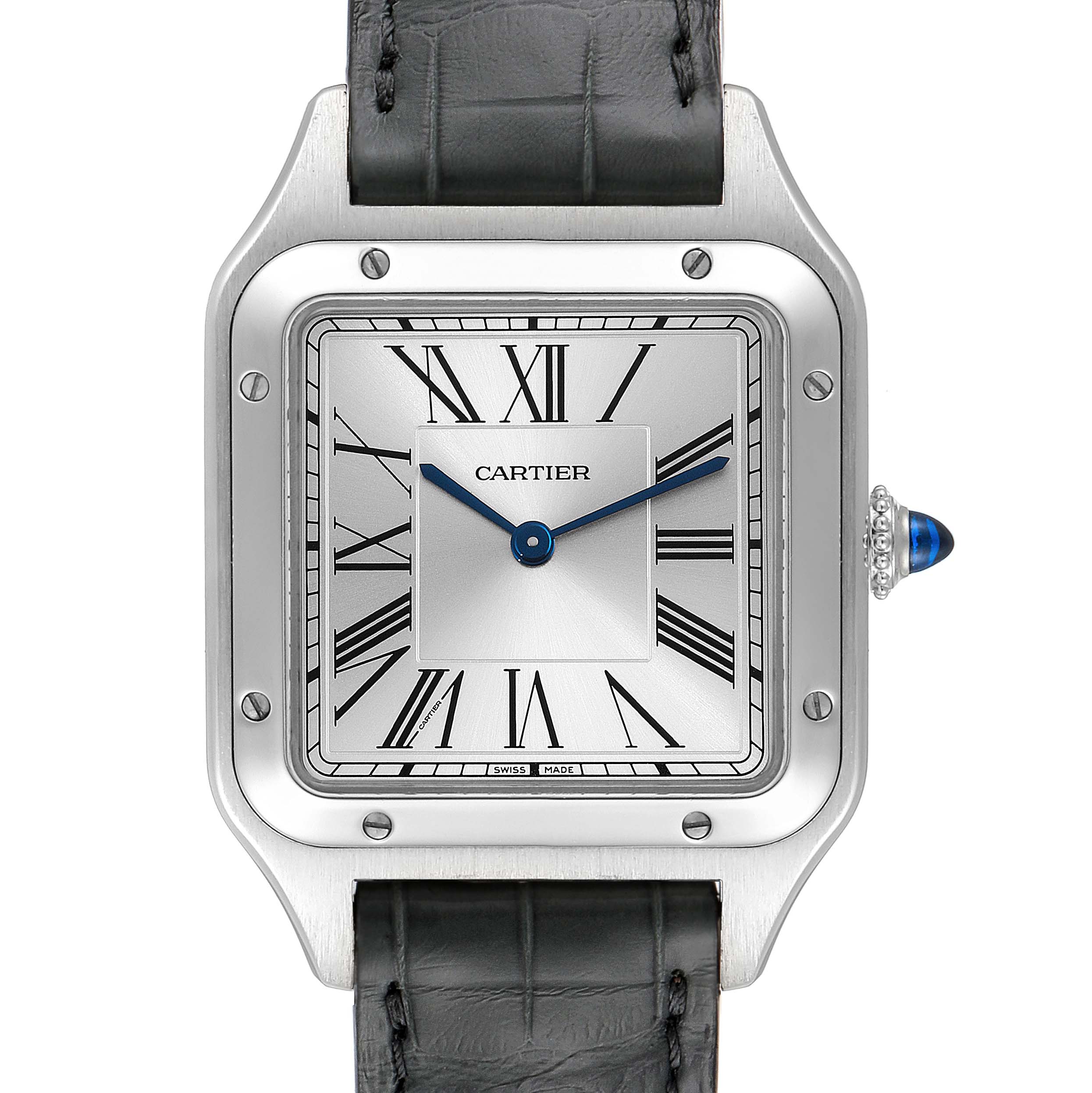 The image shows a frontal view of the Cartier Santos Dumont WSSA0022 Men's Stainless Steel Silver Dial WSSA0022 Men's Stainless Steel Silver Dial watch, highlighting its face, case, and leather strap.
