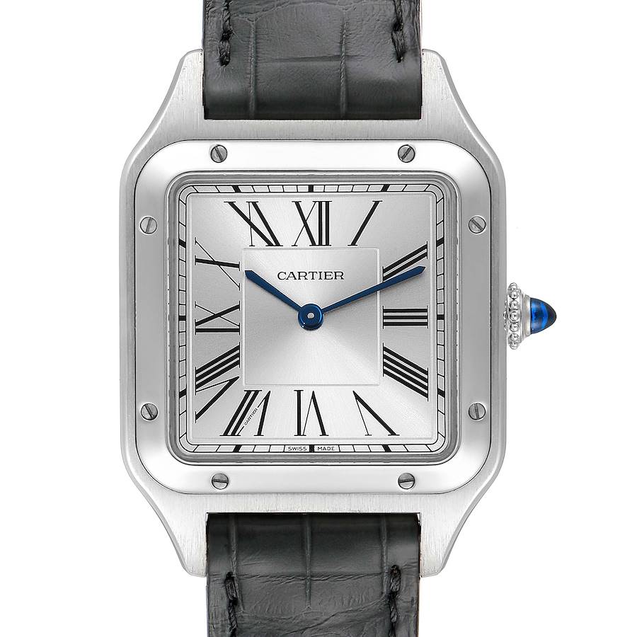Cartier Santos Dumont Large Grey Strap Steel Mens Watch WSSA0022 Unworn SwissWatchExpo