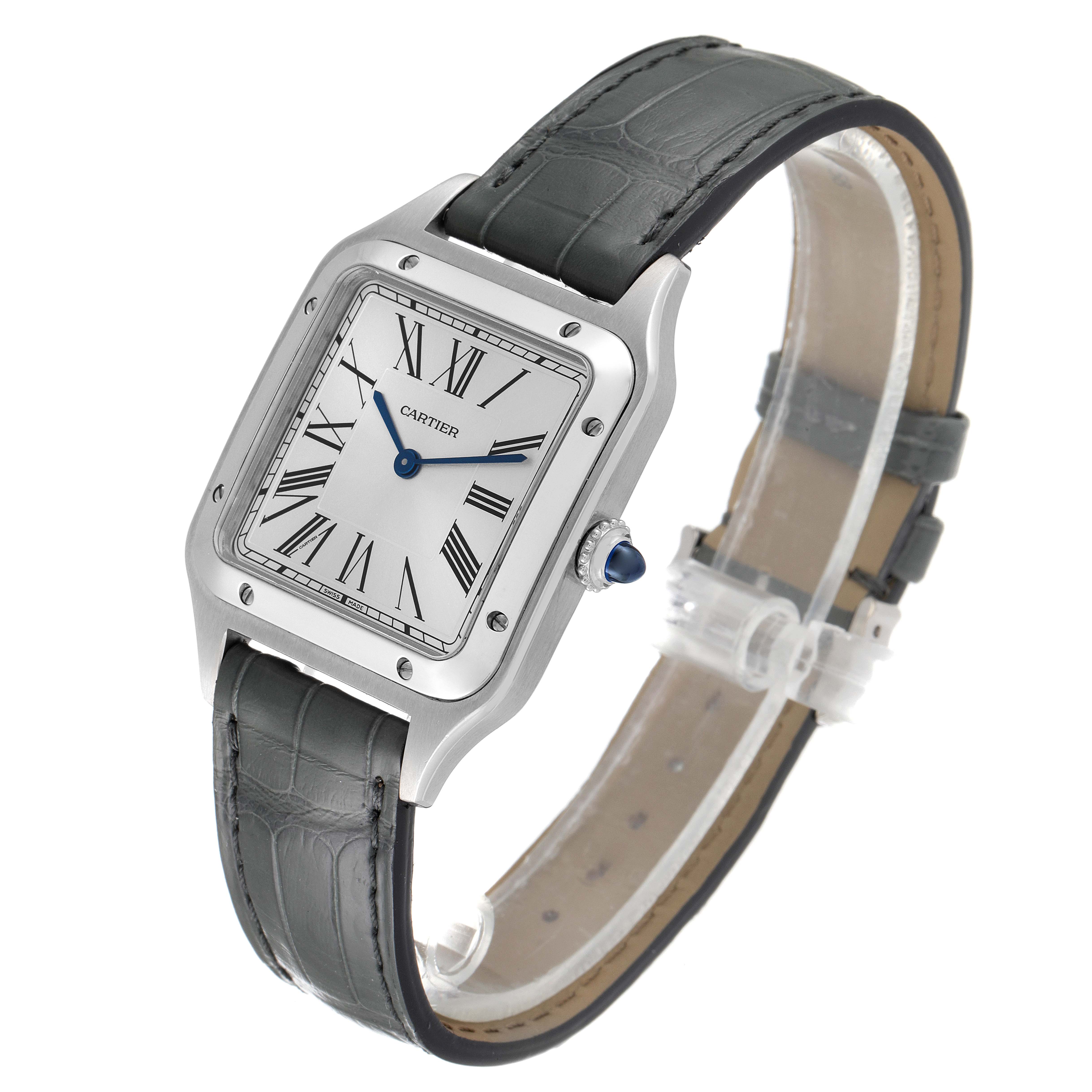 This image shows a Cartier Santos Dumont WSSA0022 Men's Stainless Steel Silver Dial WSSA0022 Men's Stainless Steel Silver Dial watch at a three-quarter angle, highlighting its face, Roman numerals, and leather strap.