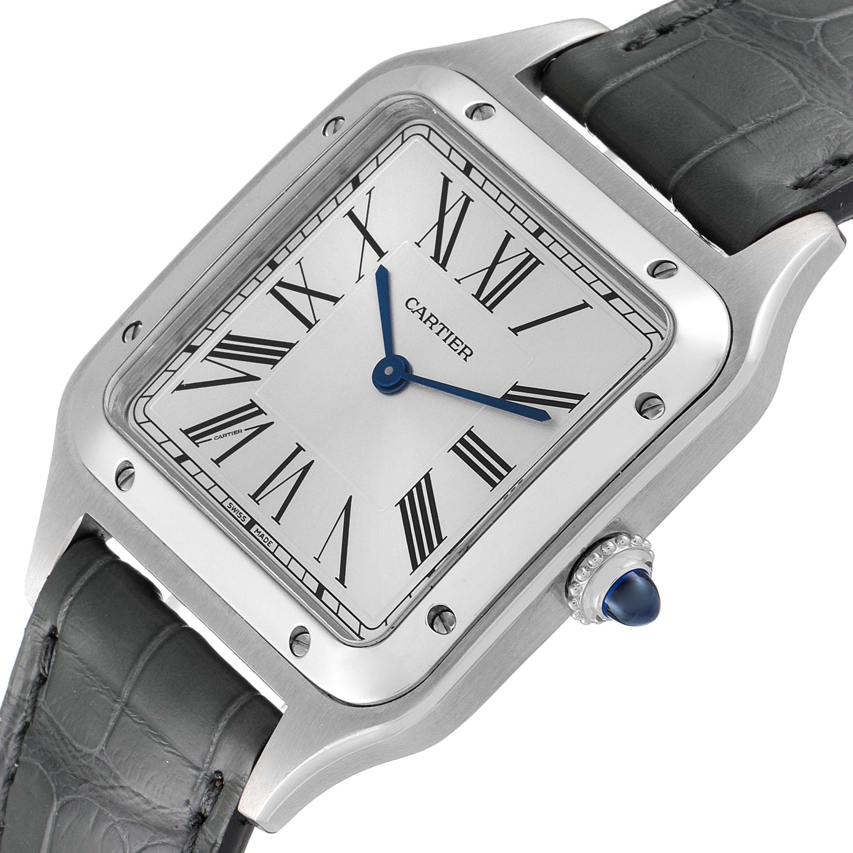 This image shows a close-up of the Cartier Santos Dumont WSSA0022 Men's Stainless Steel Silver Dial WSSA0022 Men's Stainless Steel Silver Dial watch, highlighting its face, bezel, crown, and strap.