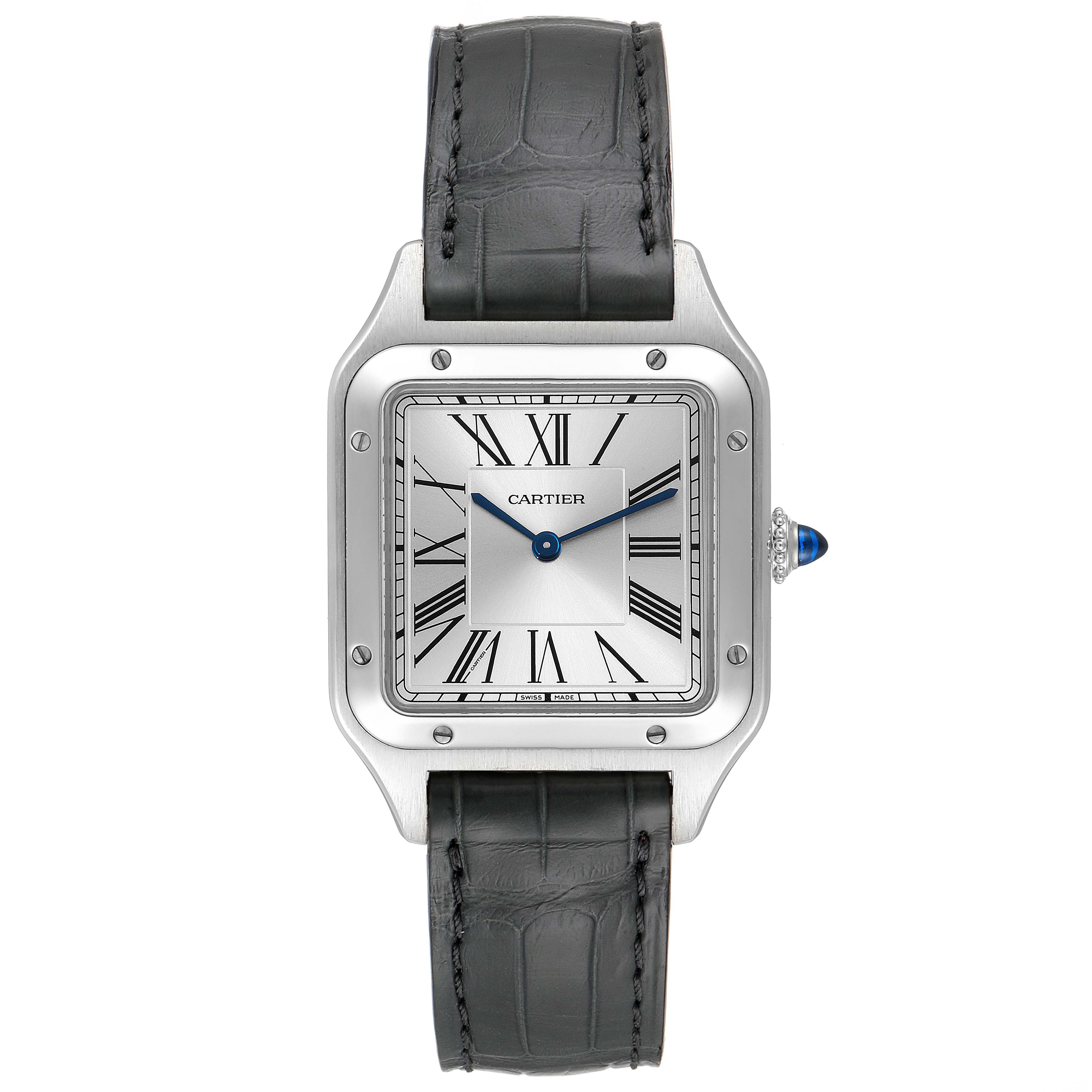 The image shows a front view of the Cartier Santos Dumont WSSA0022 Men's Stainless Steel Silver Dial WSSA0022 Men's Stainless Steel Silver Dial watch, displaying its square face, Roman numerals, and black leather strap.