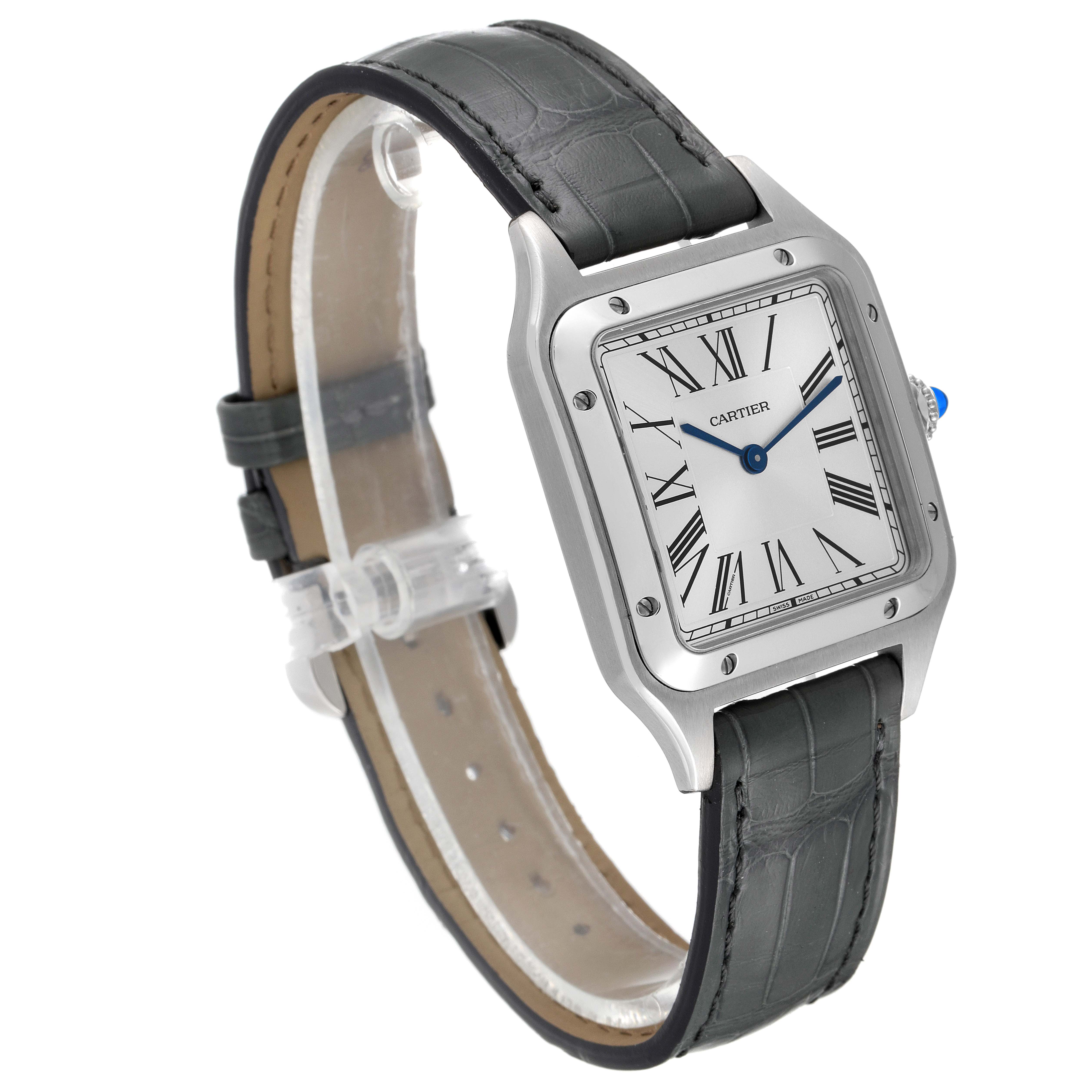 The image shows a full front and side view of the Cartier Santos Dumont WSSA0022 Men's Stainless Steel Silver Dial WSSA0022 Men's Stainless Steel Silver Dial watch with its leather strap and square dial visible.
