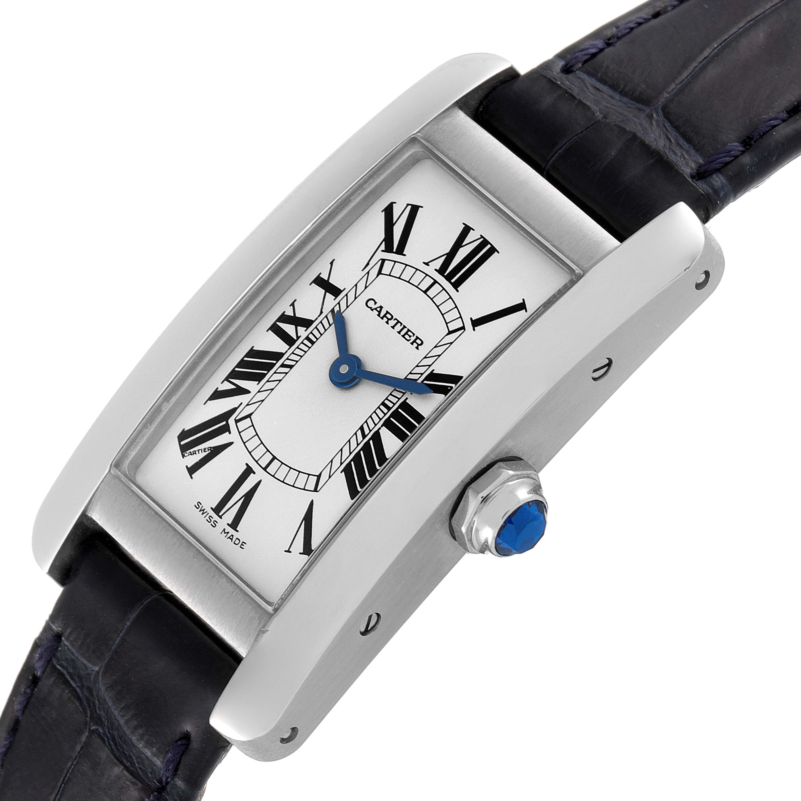 This image shows the face and crown of a Cartier Tank Americaine WSTA0016 Women's Stainless Steel Silver Dial WSTA0016 Women's Stainless Steel Silver Dial watch at a slight angle.