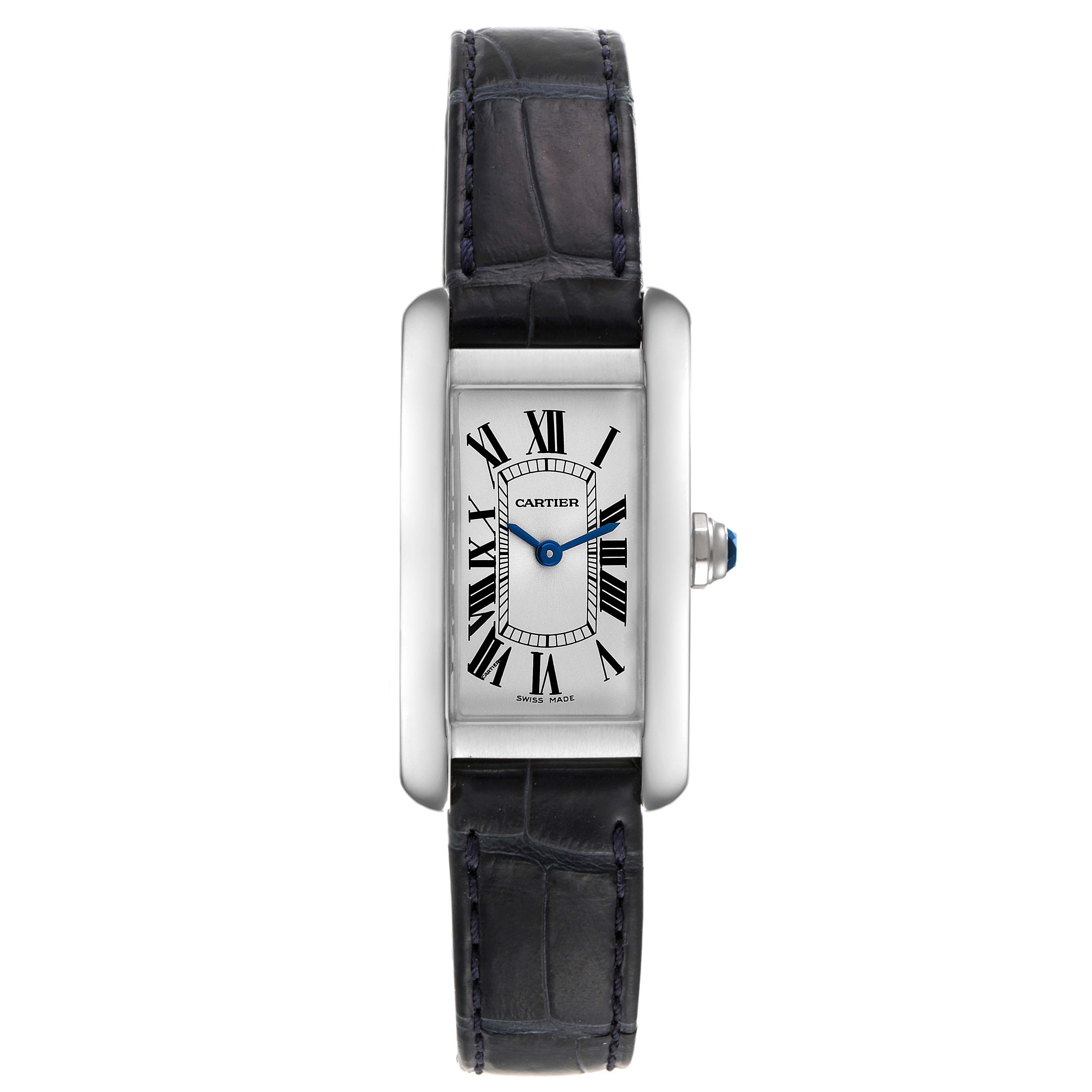 The image shows a front view of the Cartier Tank Americaine WSTA0016 Women's Stainless Steel Silver Dial WSTA0016 Women's Stainless Steel Silver Dial watch, displaying its face, strap, and crown.