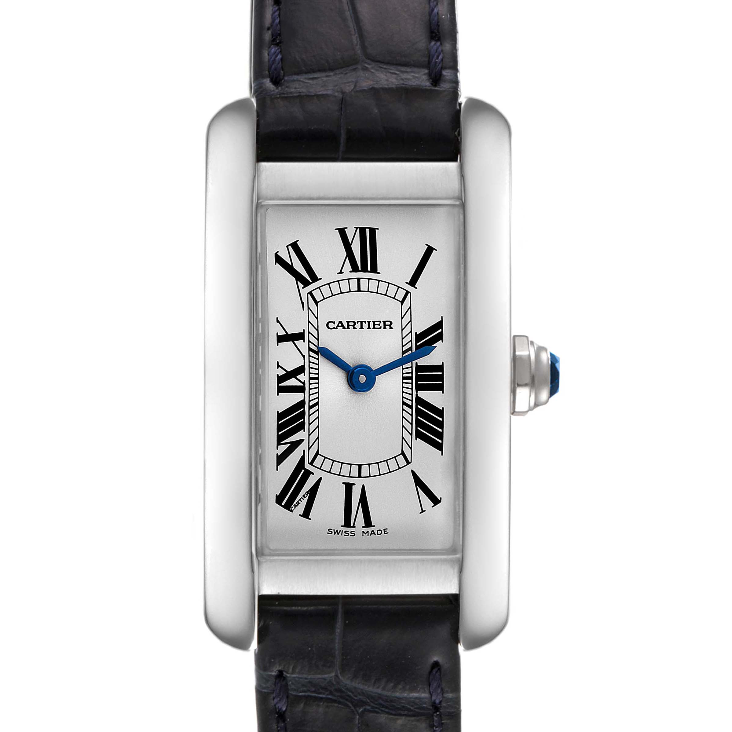 The image shows a front view of the Cartier Tank Americaine WSTA0016 Women's Stainless Steel Silver Dial WSTA0016 Women's Stainless Steel Silver Dial watch, highlighting its rectangular face, Roman numerals, blue hands, and leather strap.