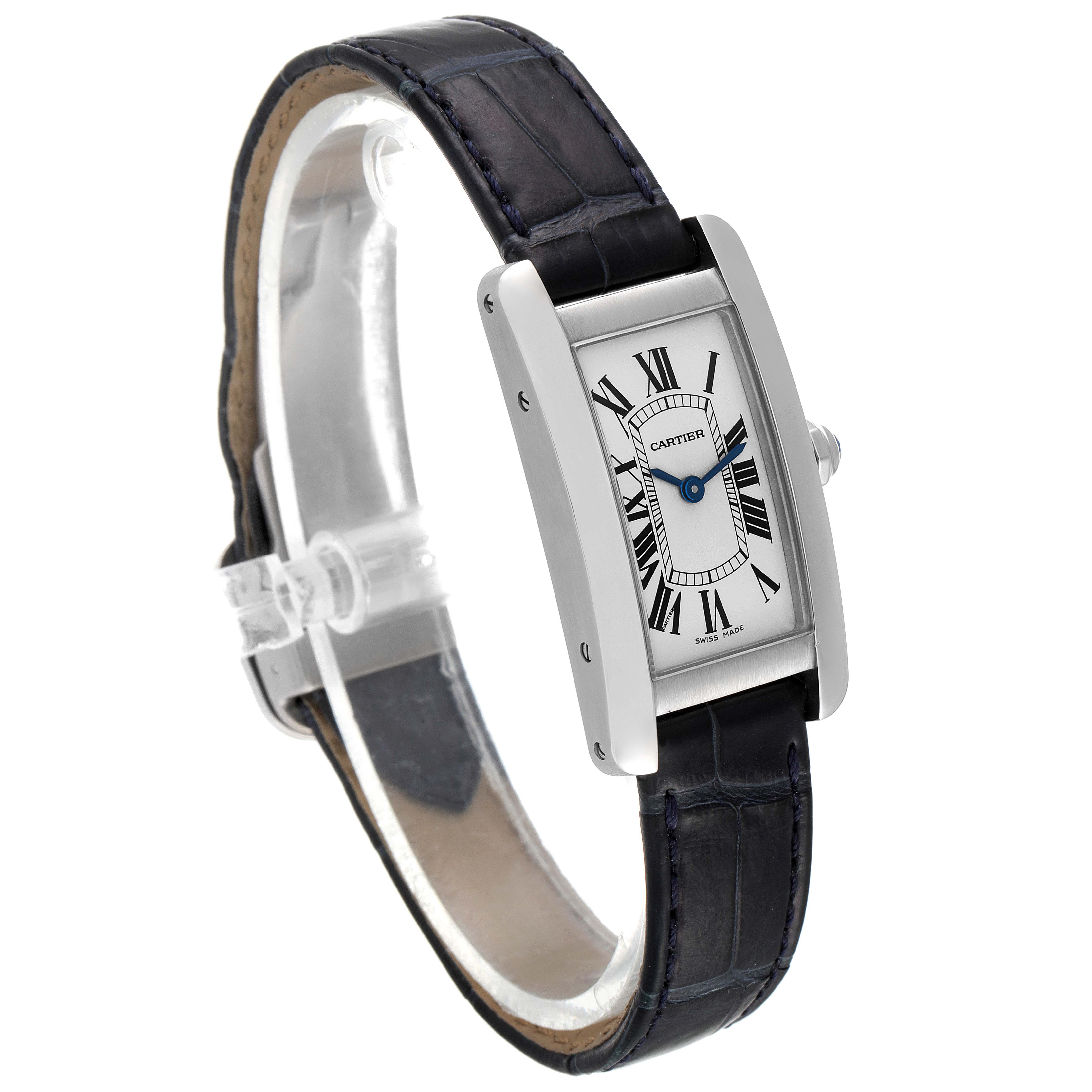 The image shows a side angle view of the Cartier Tank Americaine WSTA0016 Women's Stainless Steel Silver Dial WSTA0016 Women's Stainless Steel Silver Dial watch, highlighting its face, strap, and case.