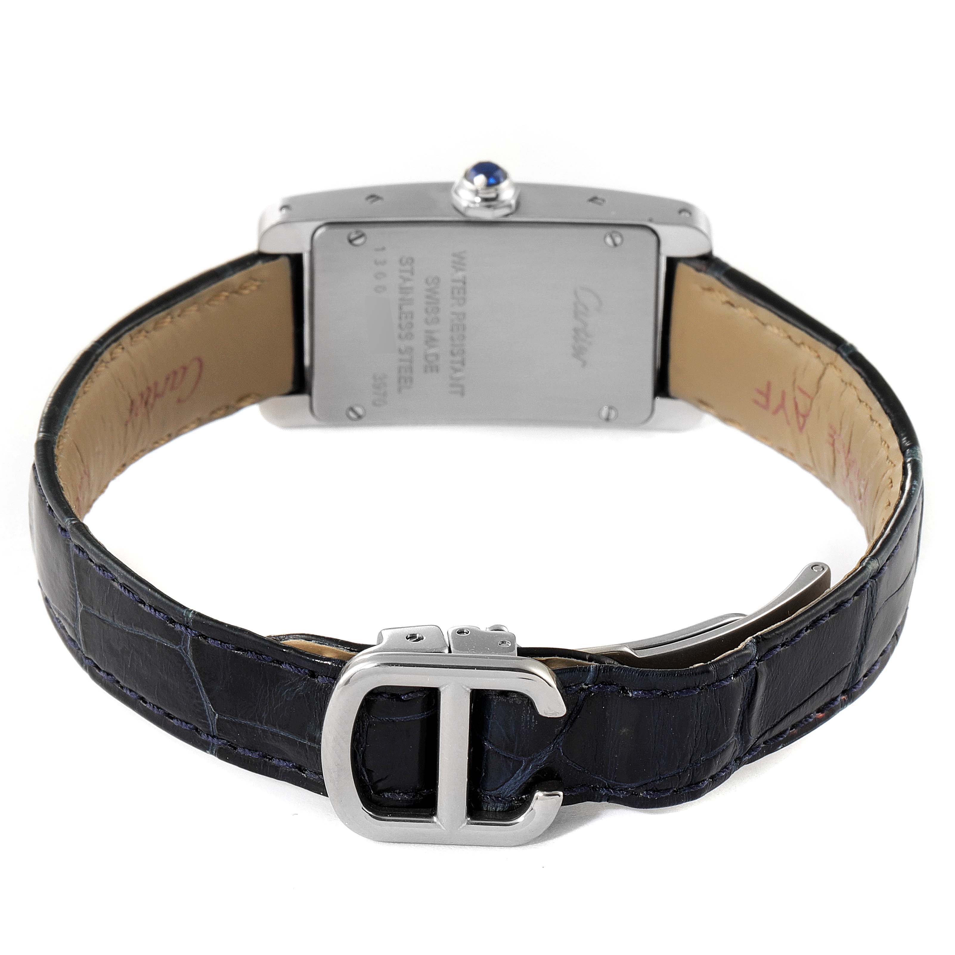 The image shows the back side and strap of a Cartier Tank Americaine WSTA0016 Women's Stainless Steel Silver Dial WSTA0016 Women's Stainless Steel Silver Dial watch with a visible buckle and case back details.