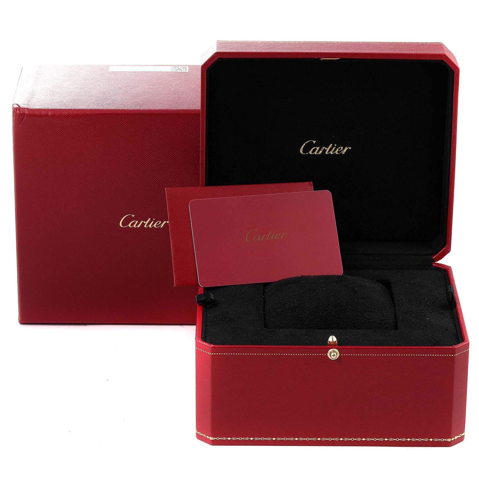 The image shows the packaging box, an open case, and documentation for the Cartier Tank Americaine WSTA0016 Women's Stainless Steel Silver Dial WSTA0016 Women's Stainless Steel Silver Dial watch.